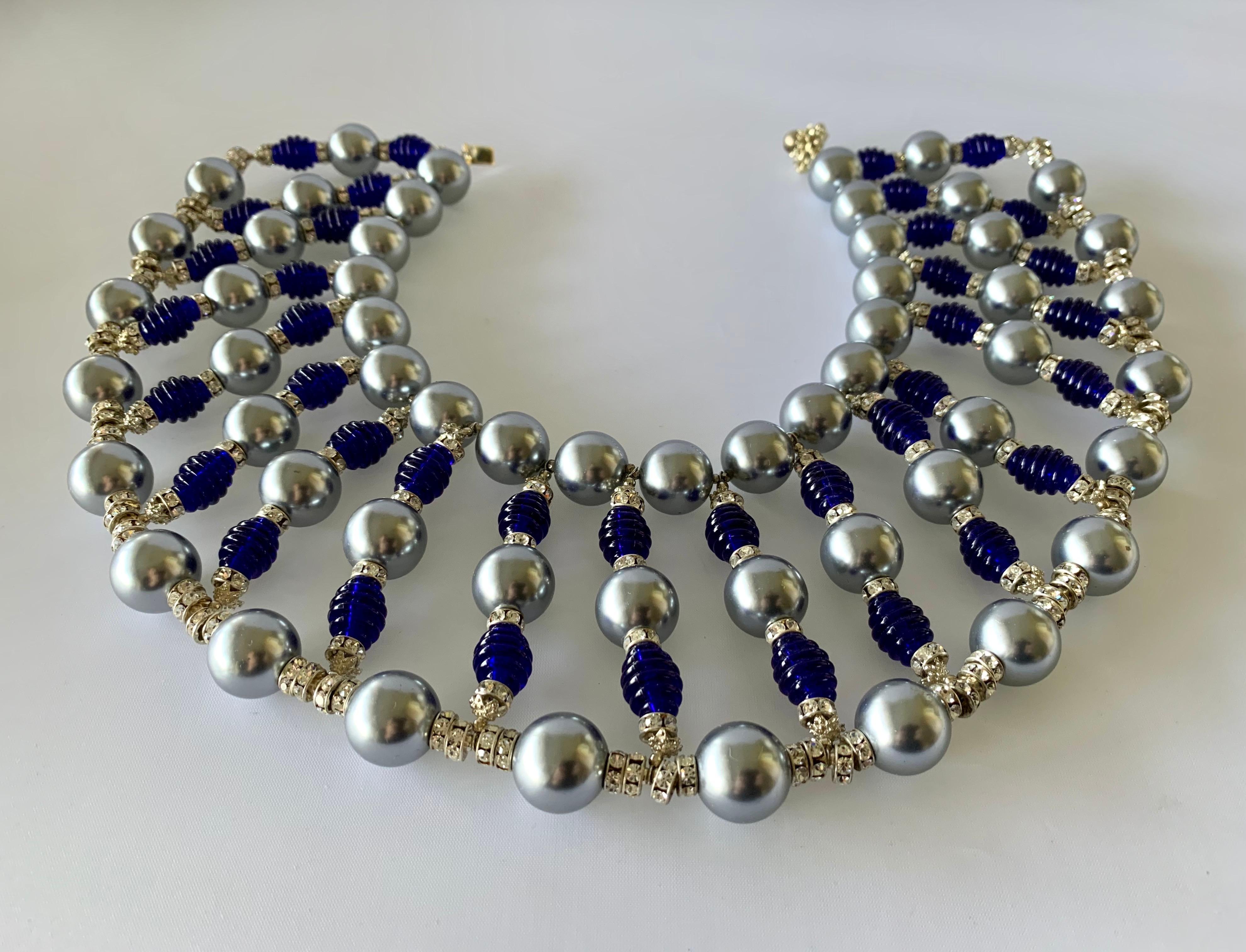 Massive Cobalt Blue, Diamante, and Grey Pearl Bib Necklace 1