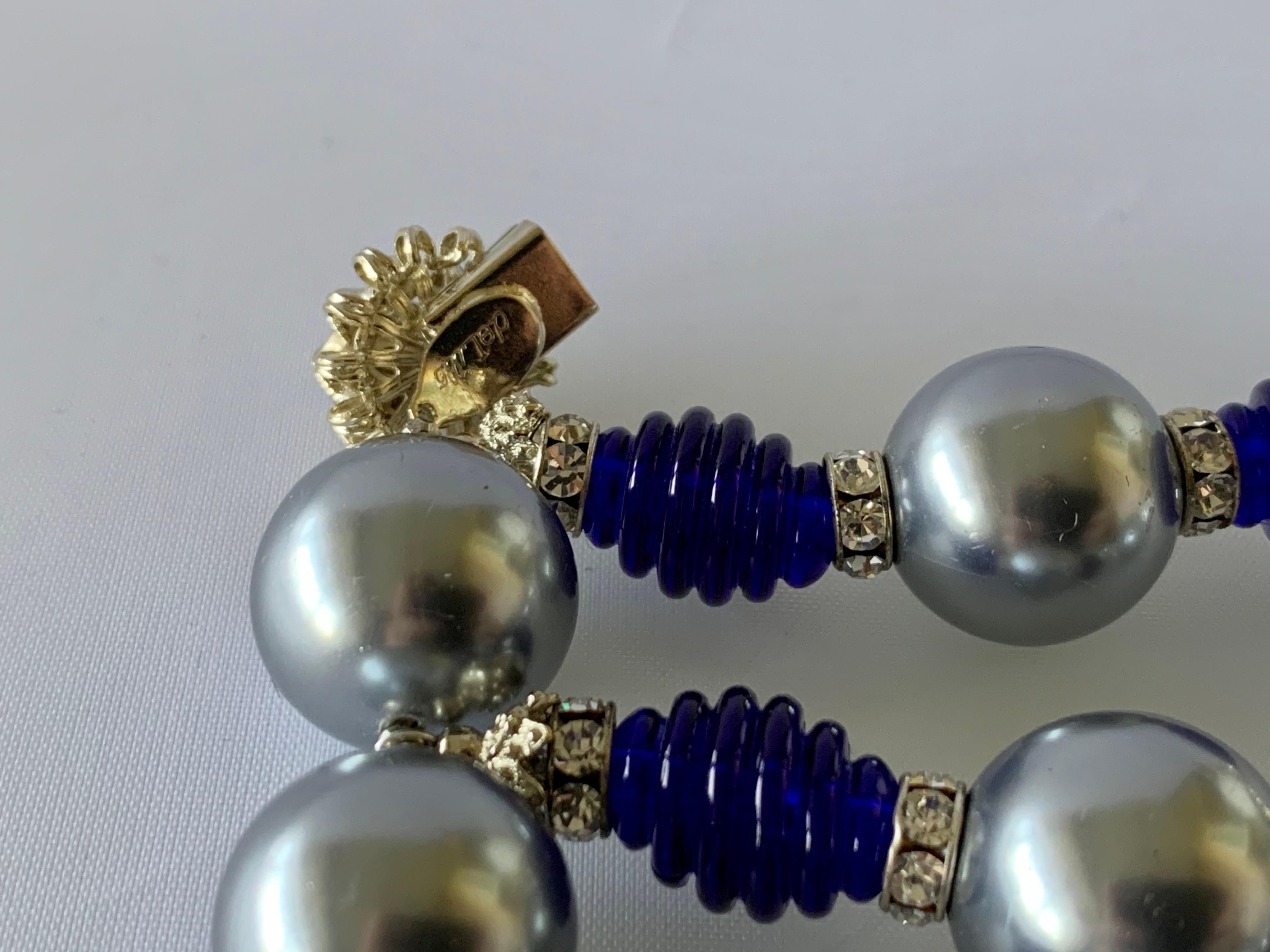 Massive Cobalt Blue, Diamante, and Grey Pearl Bib Necklace 2