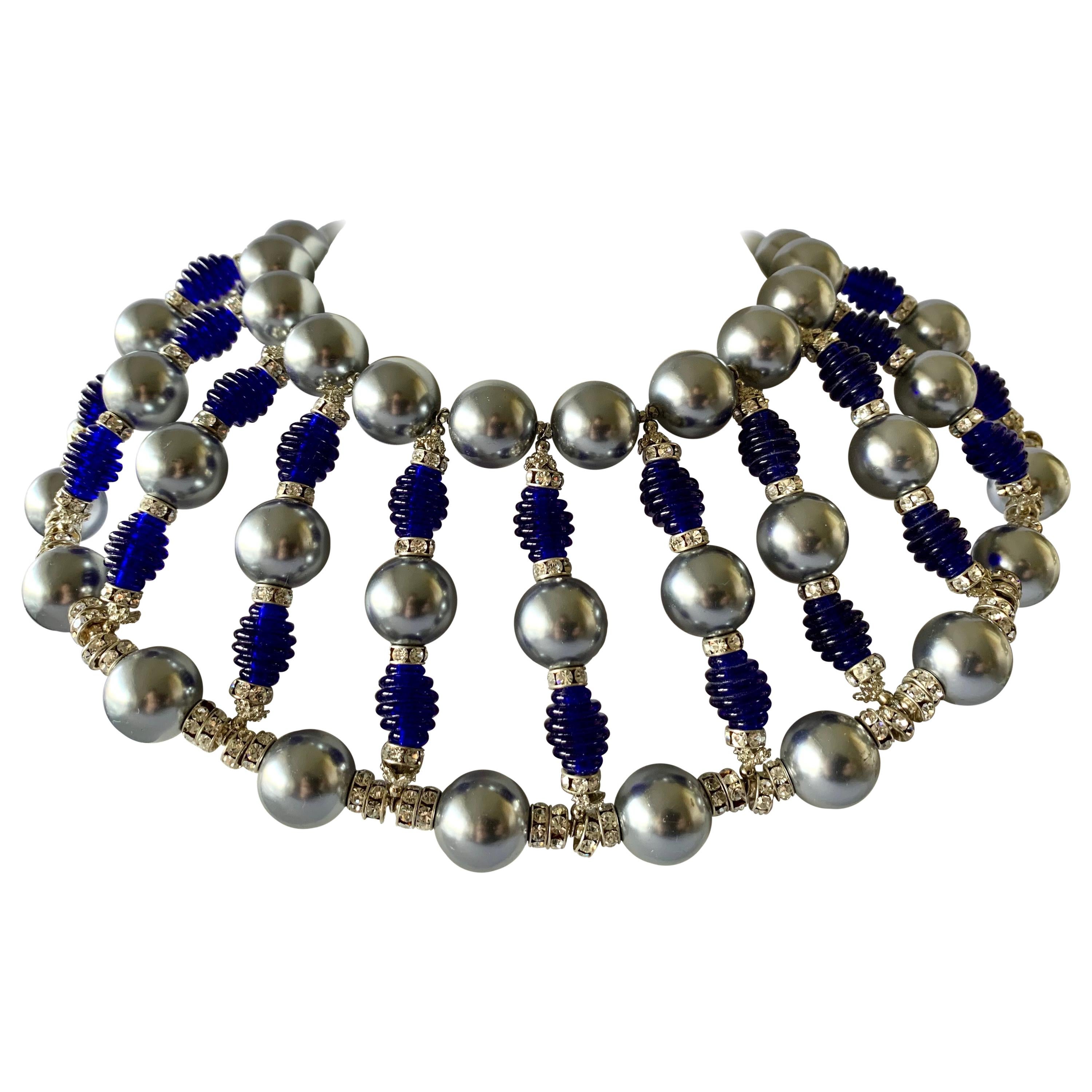 Massive Cobalt Blue, Diamante, and Grey Pearl Bib Necklace