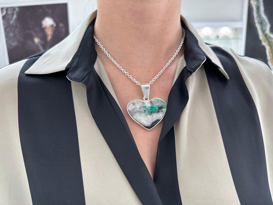Modern Massive Colombian Emerald in Matrix Heart Pendant Bezel Set in Sterling Silver