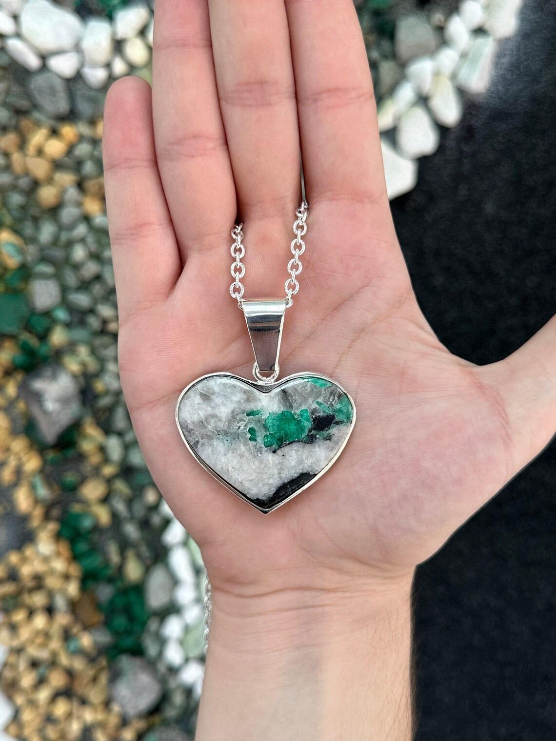 Emerald Cut Massive Colombian Emerald in Matrix Heart Pendant Bezel Set in Sterling Silver