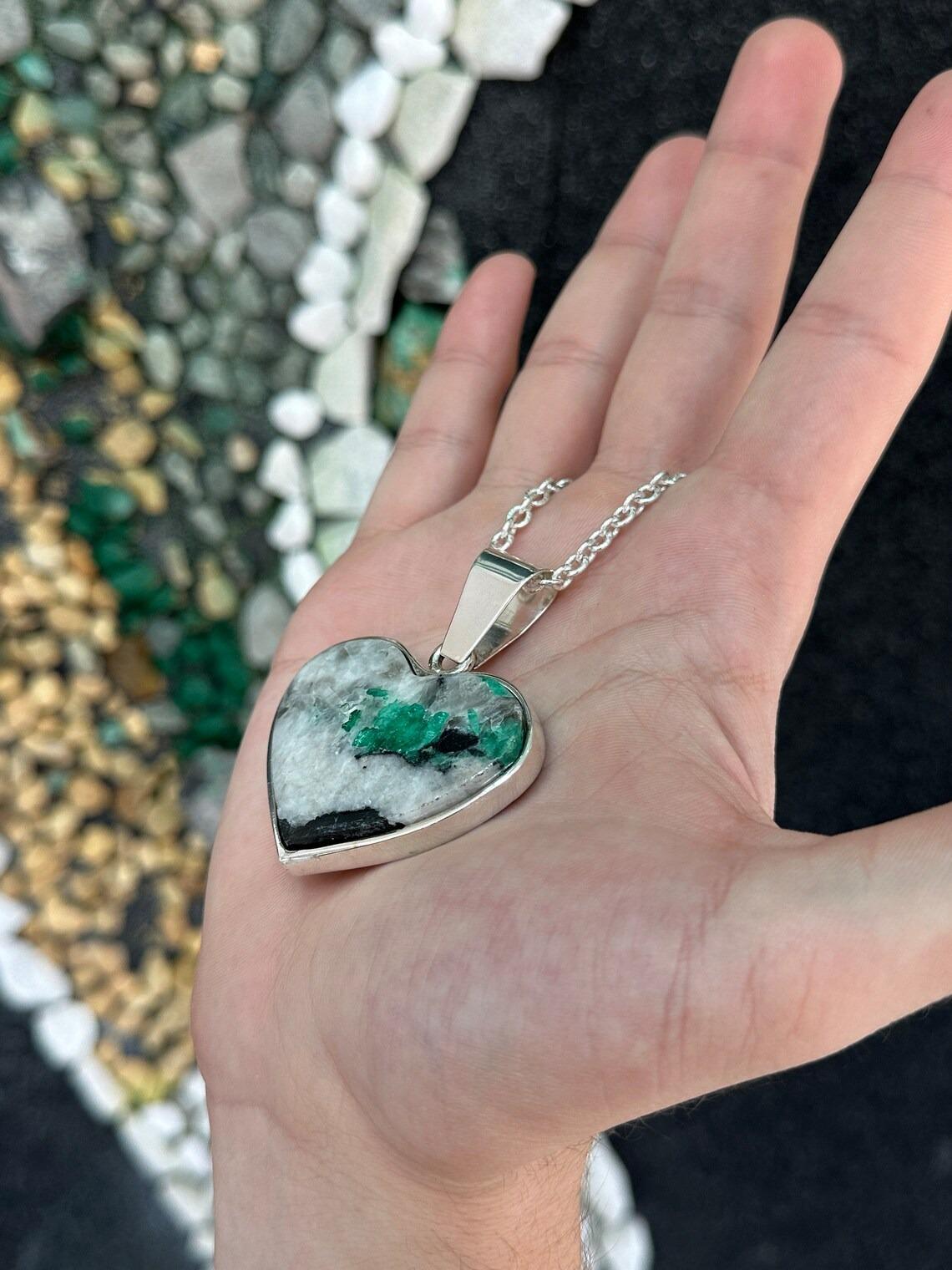 Massive Colombian Emerald in Matrix Heart Pendant Bezel Set in Sterling Silver In New Condition In Jupiter, FL