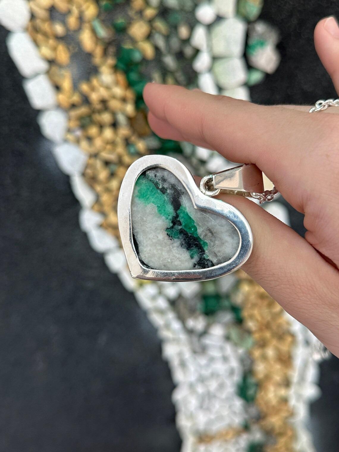 Women's Massive Colombian Emerald in Matrix Heart Pendant Bezel Set in Sterling Silver