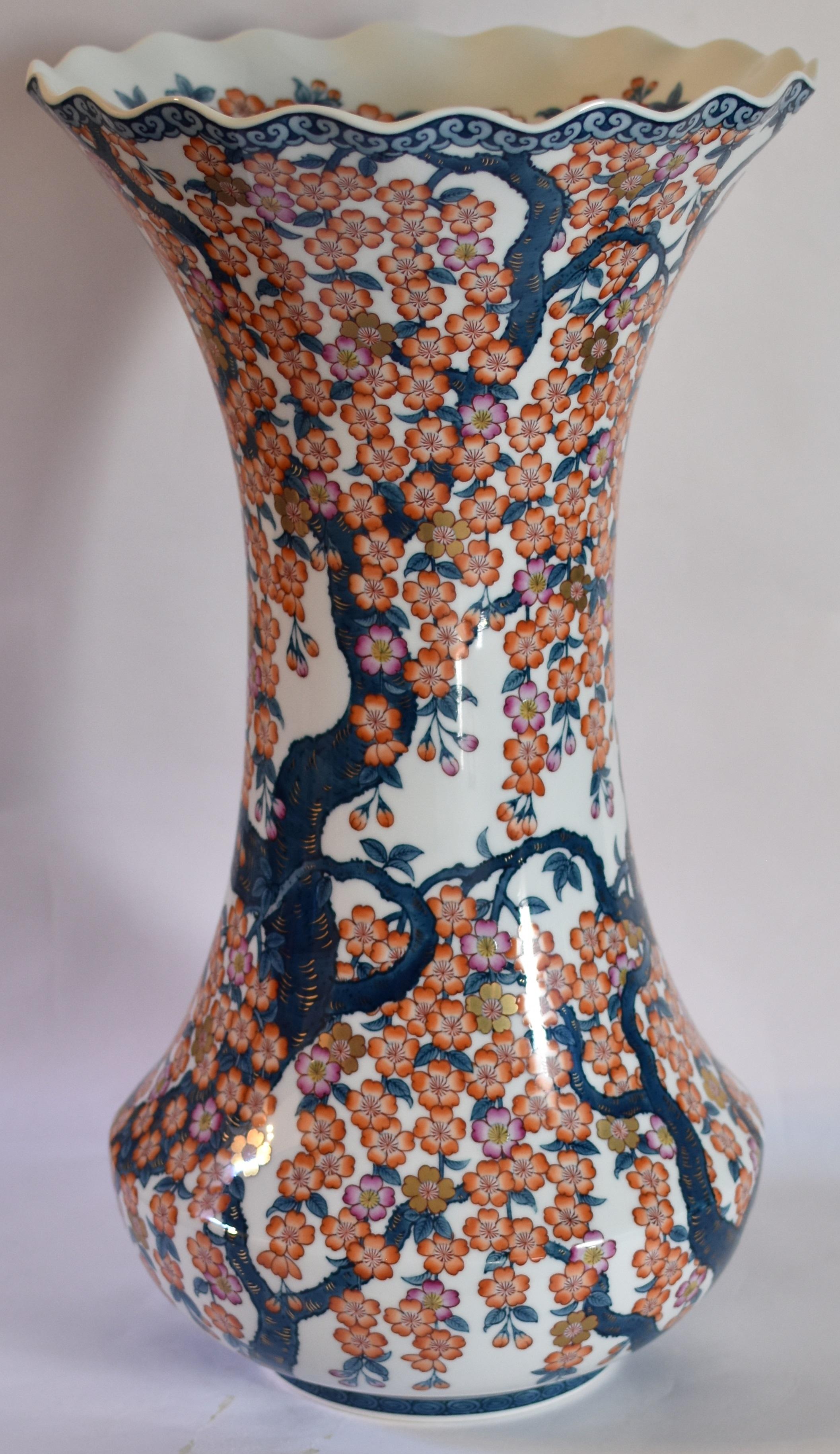 Massive contemporary Japanese porcelain vase, hand-painted on a very large unique porcelain body with an astonishingly beautiful shape and flared top, is a signed masterpiece by highly acclaimed award-winning Japanese master porcelain artist of the