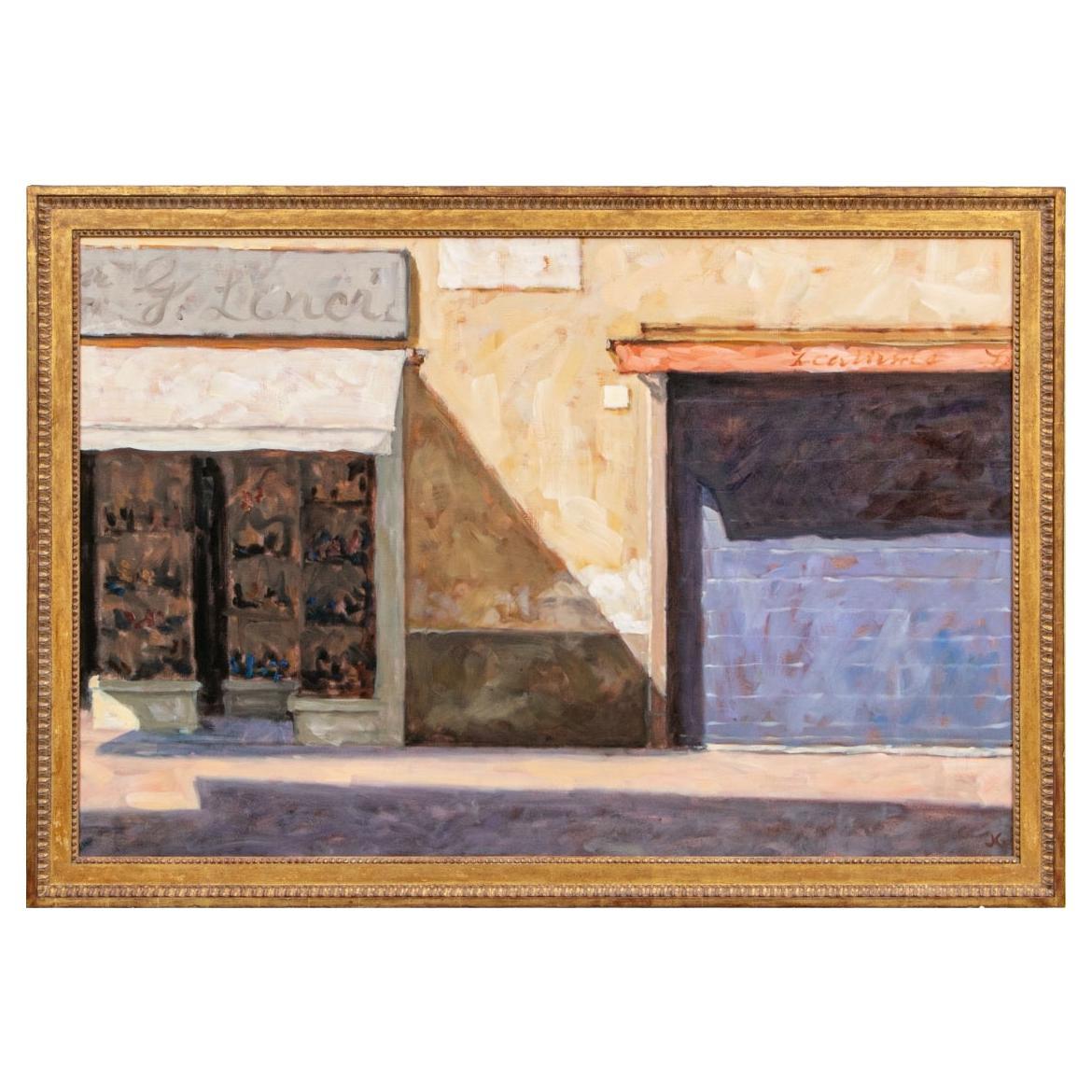 Massive Contemporary Oil on Canvas, Italian Street of Shops For Sale