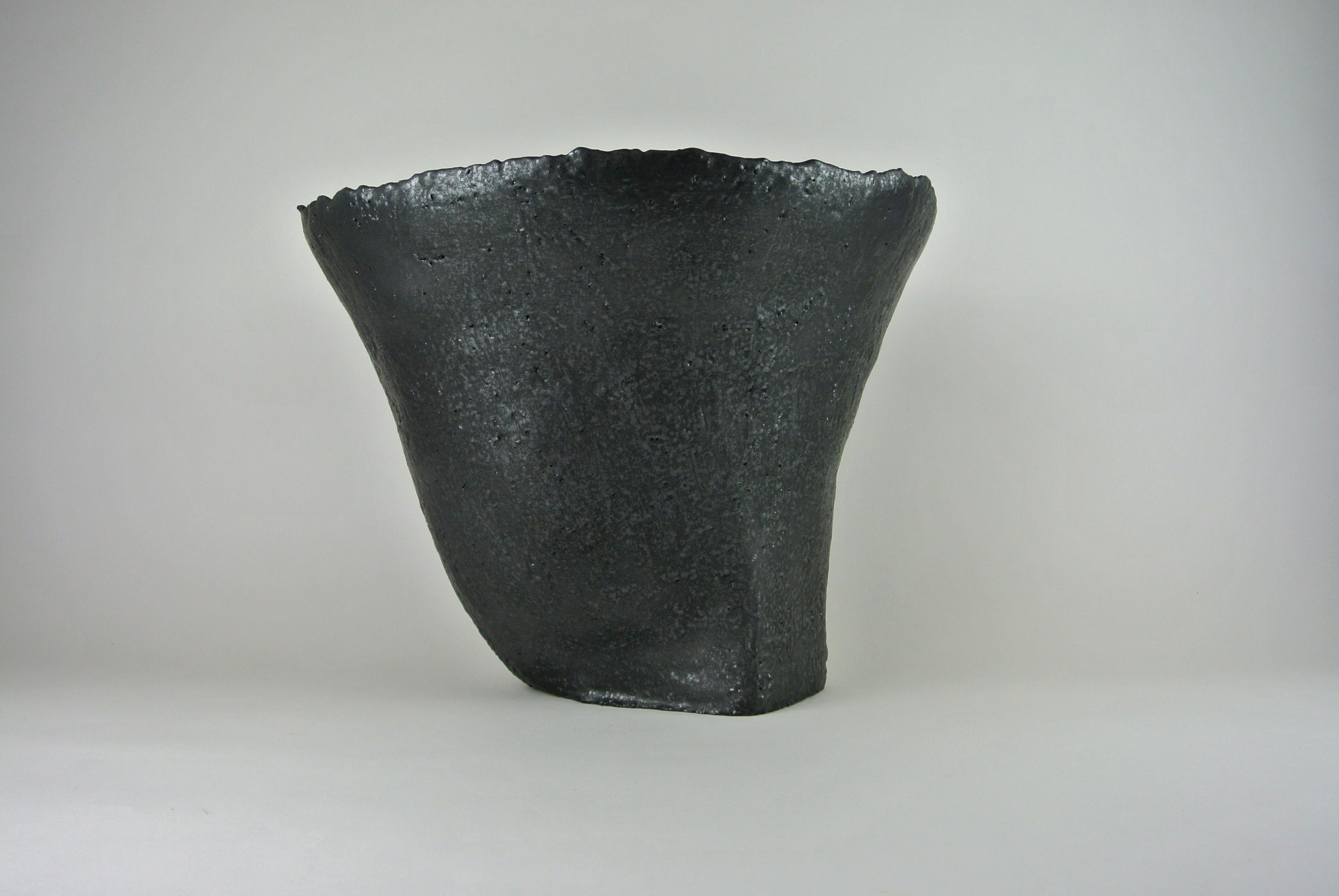 Organic Modern Massive Contemporary Vessel Grey Stoneware with Black Metallic Glaze