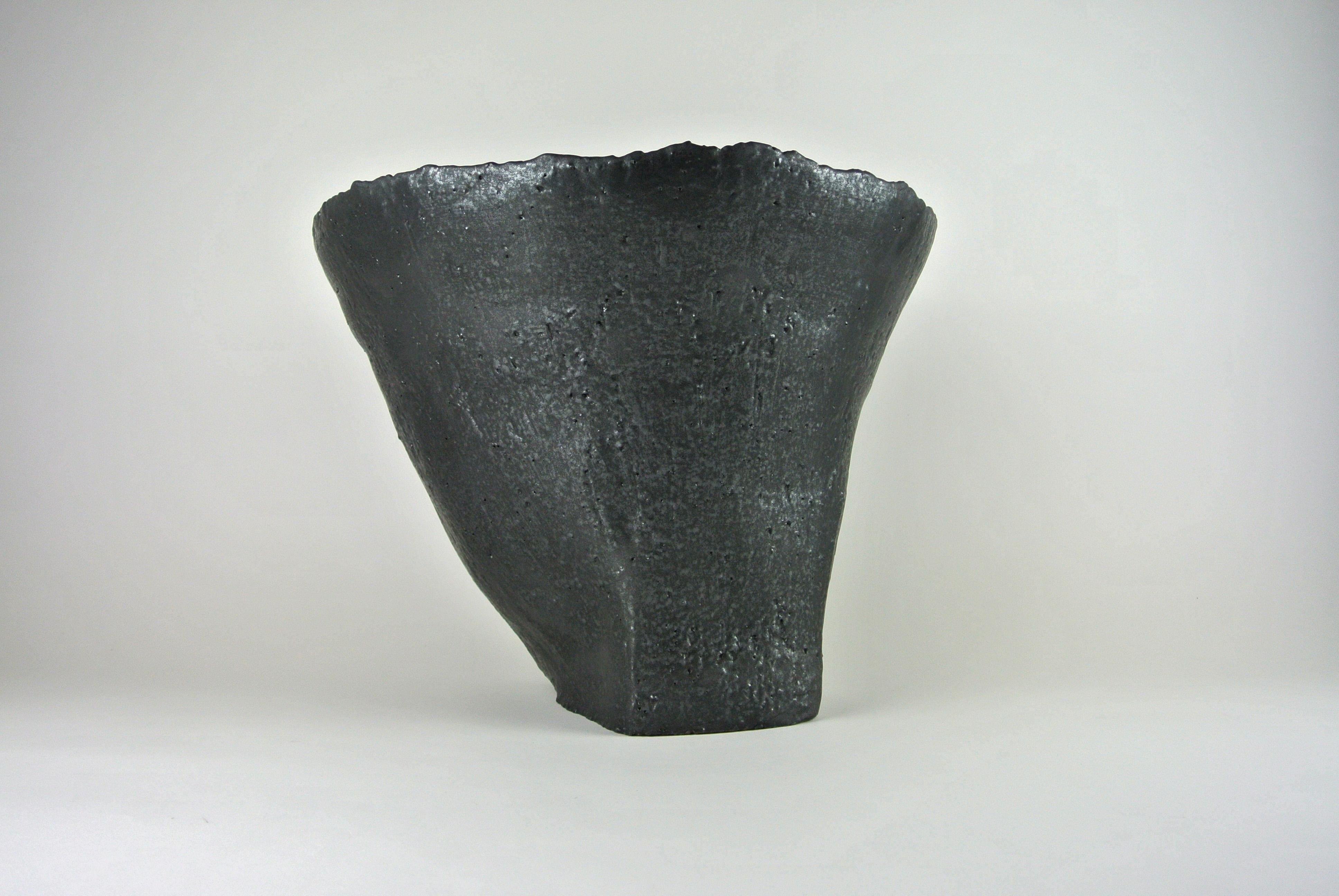 German Massive Contemporary Vessel Grey Stoneware with Black Metallic Glaze