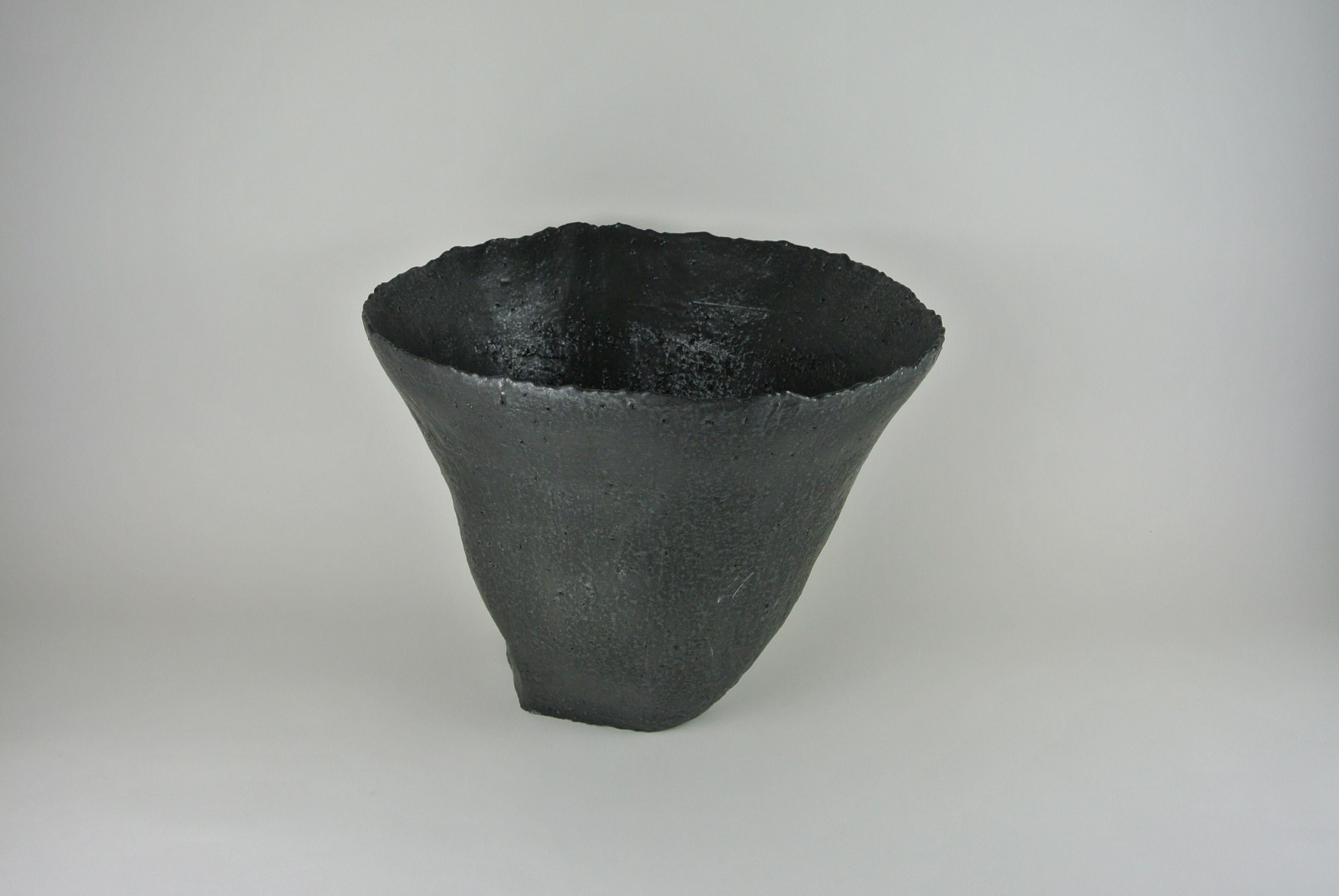 Hand-Crafted Massive Contemporary Vessel Grey Stoneware with Black Metallic Glaze