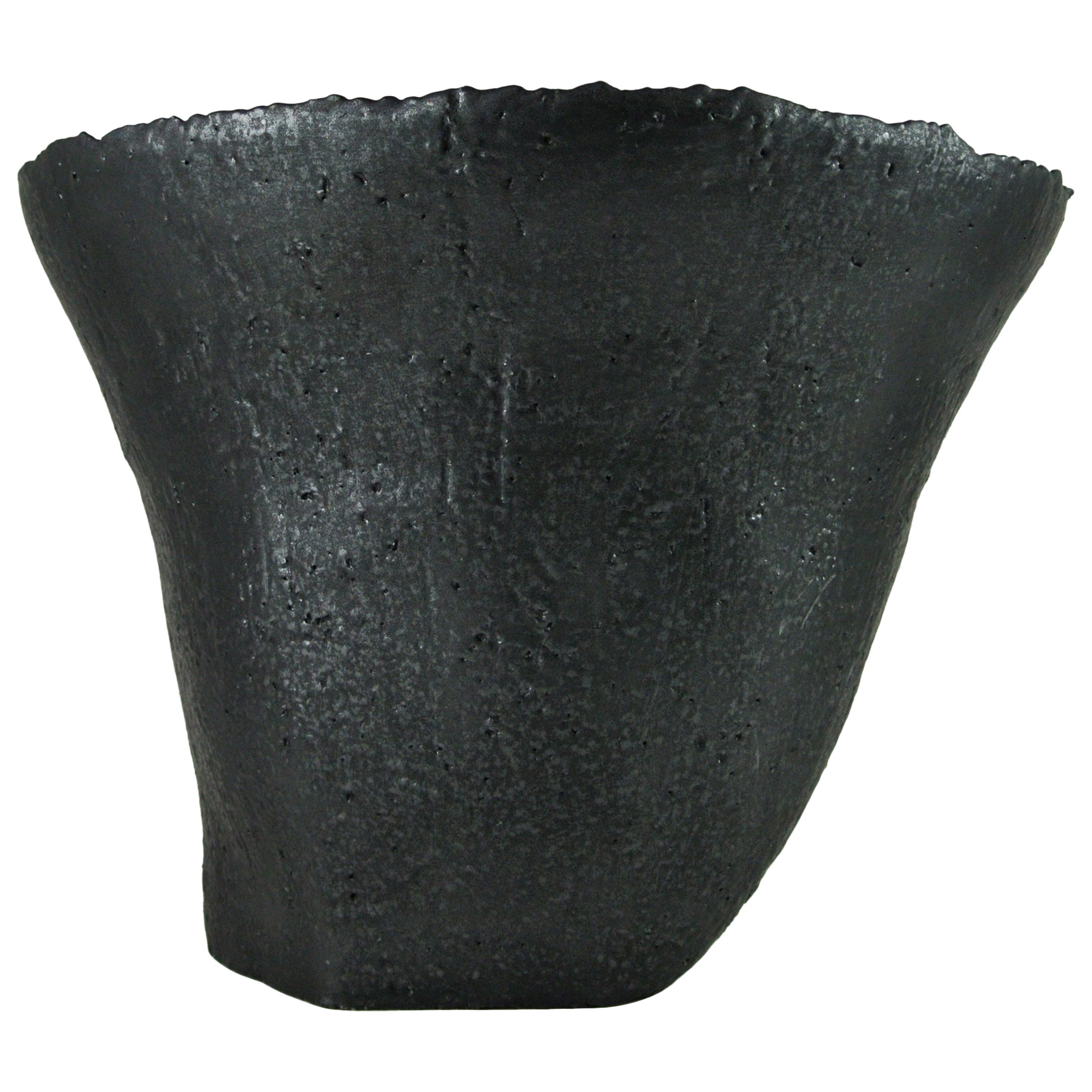 Massive Contemporary Vessel Grey Stoneware with Black Metallic Glaze