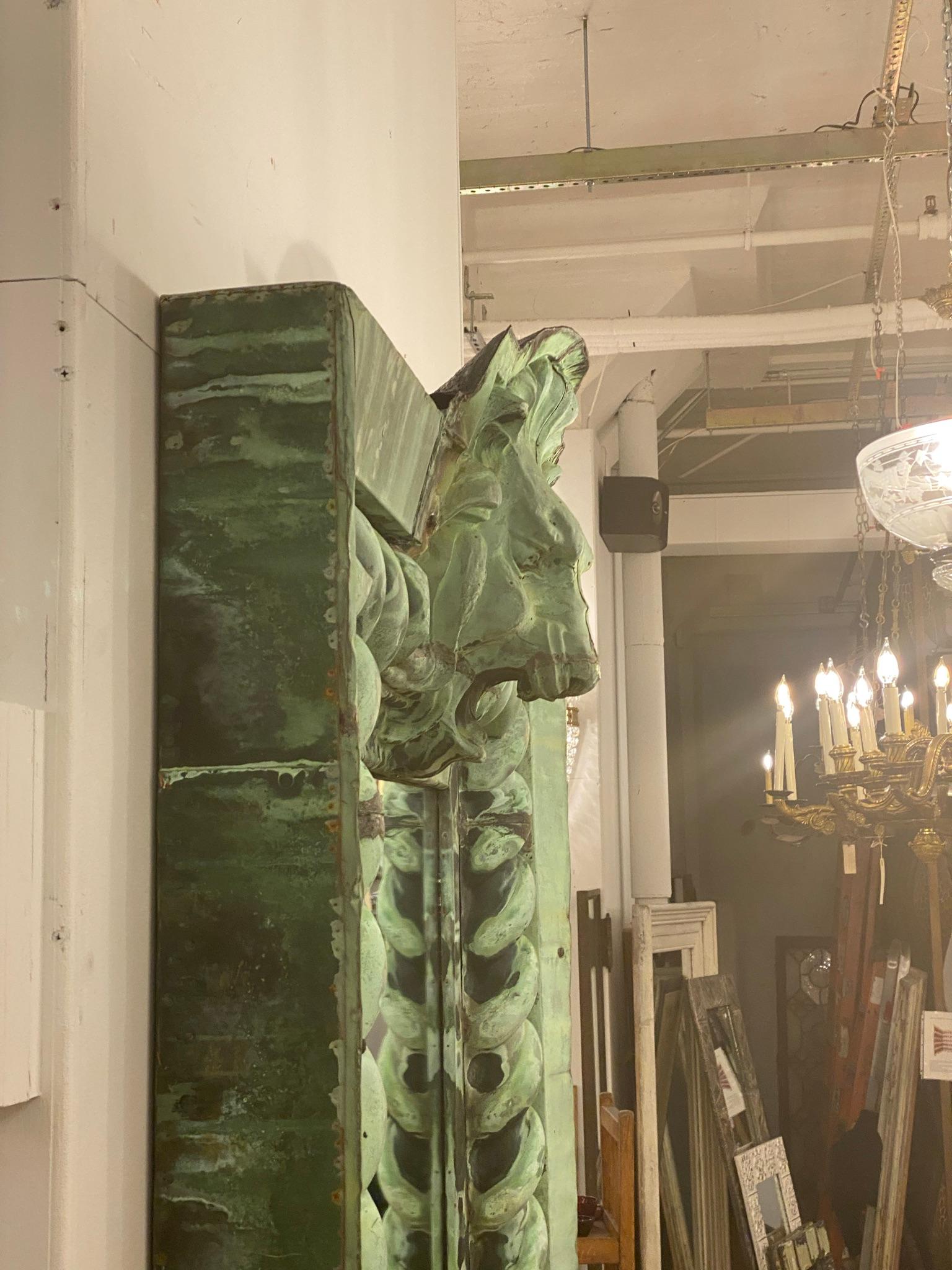 Massive Copper Lion Head Cornice Mirror Oversized from NYC Buildings w/ Patina 7