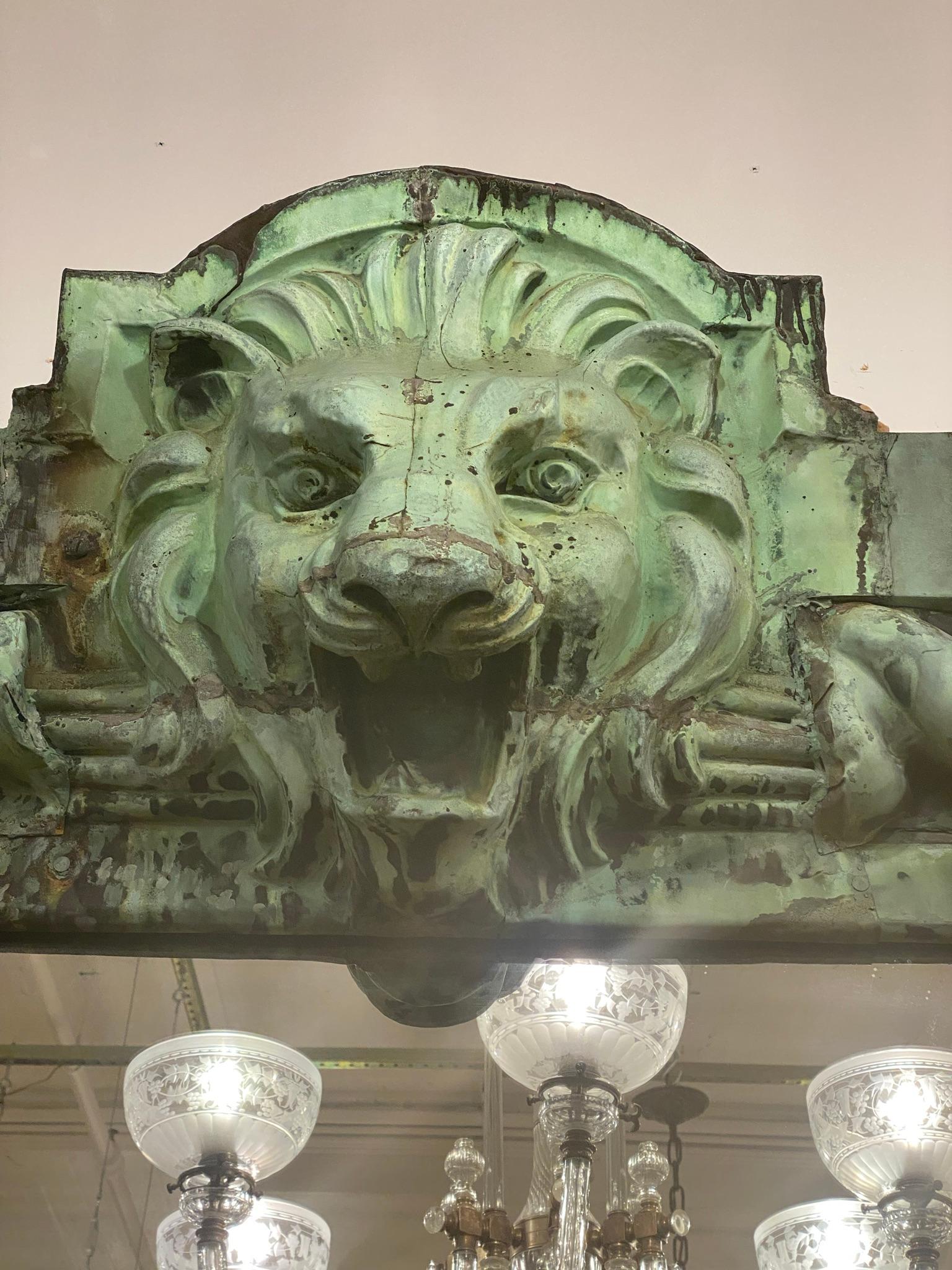 American Massive Copper Lion Head Cornice Mirror Oversized from NYC Buildings w/ Patina