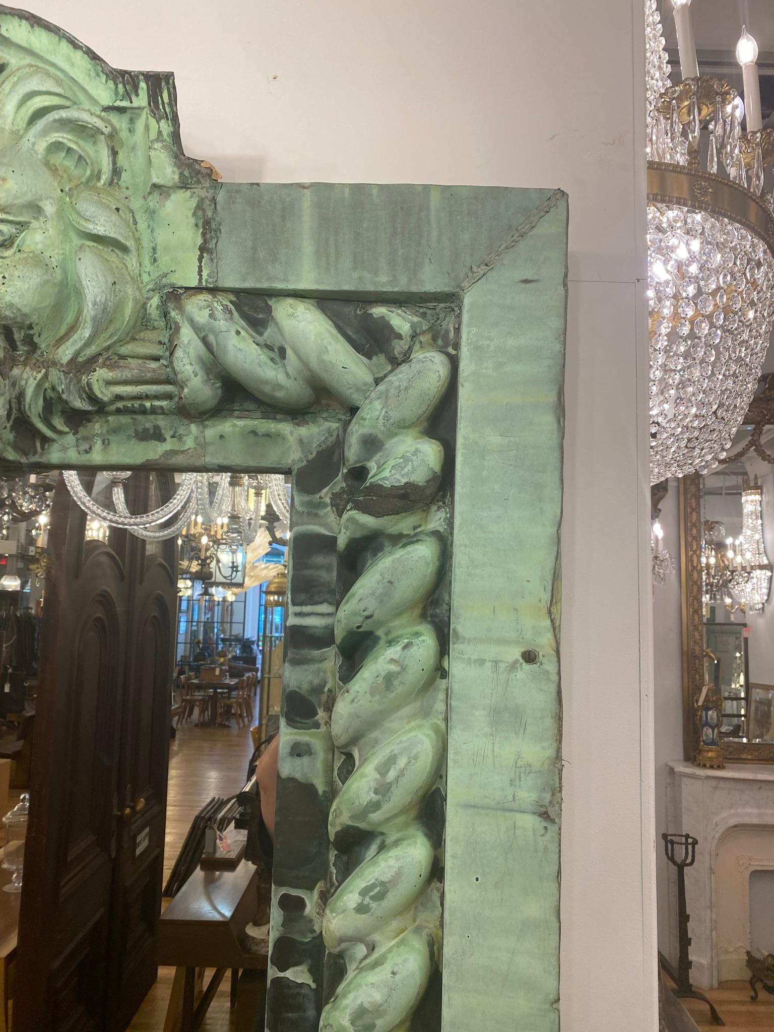 Contemporary Massive Copper Lion Head Cornice Mirror Oversized from NYC Buildings w/ Patina