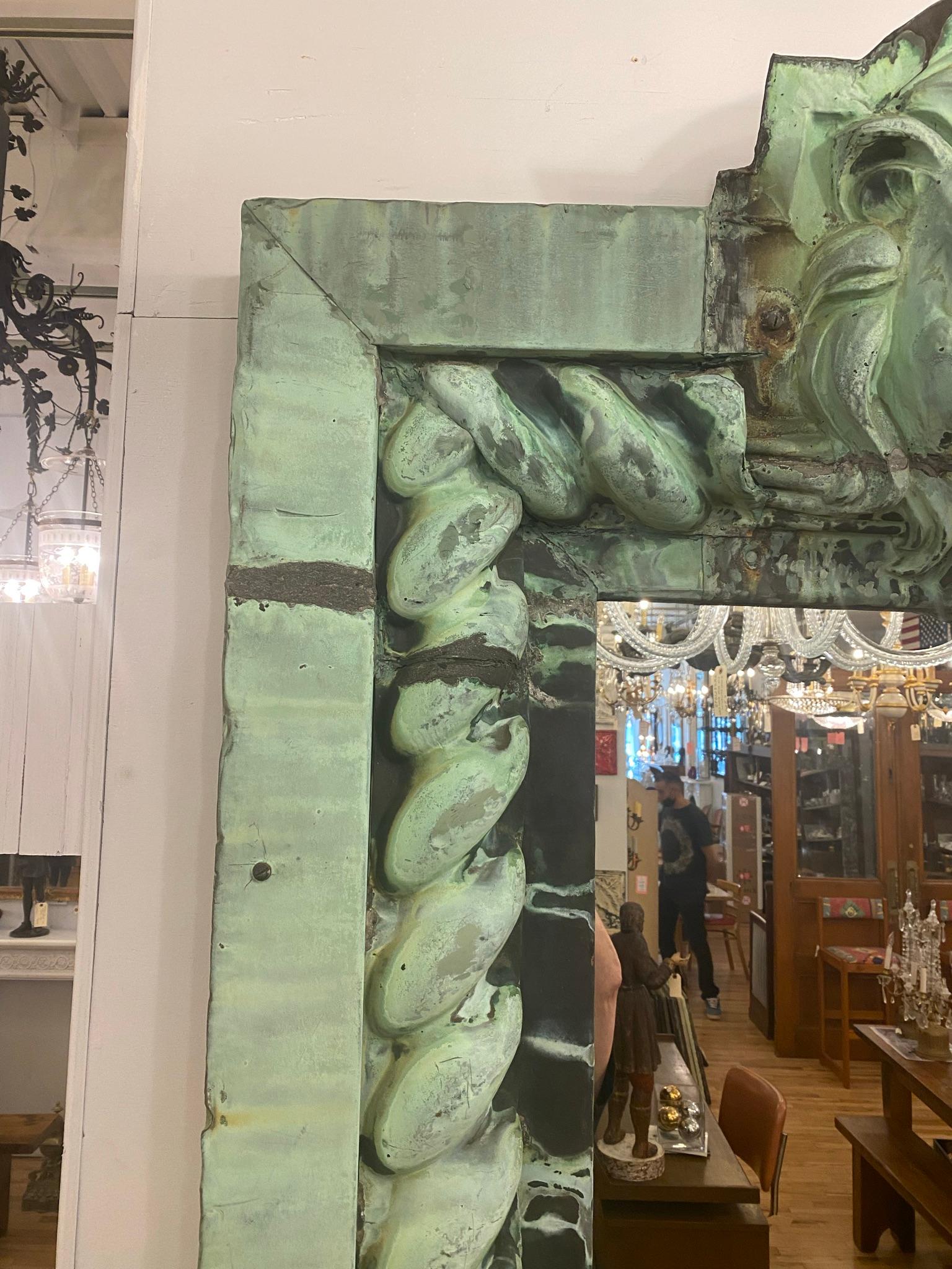 Wood Massive Copper Lion Head Cornice Mirror Oversized from NYC Buildings w/ Patina