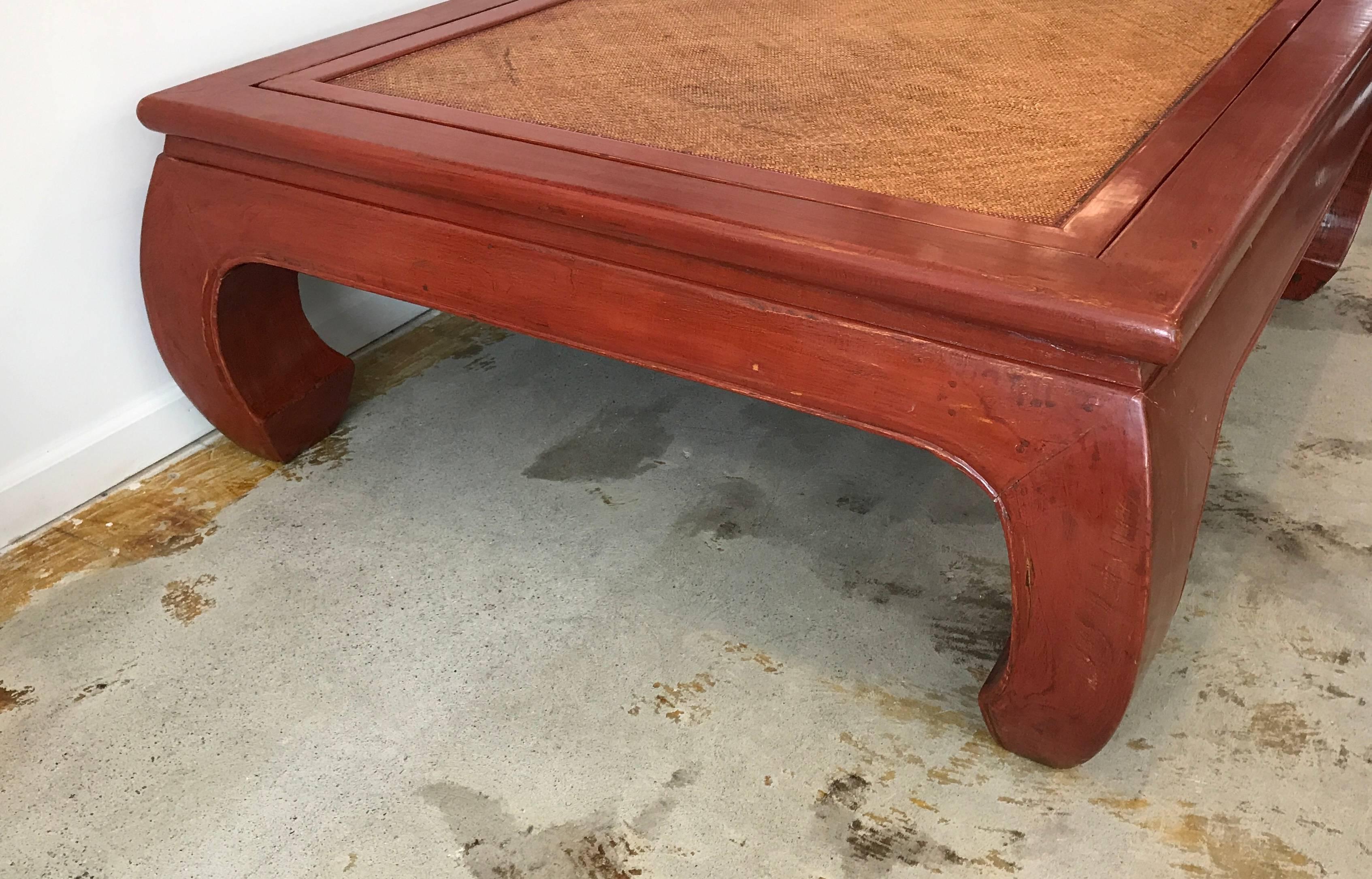 Ming Massive Coral Red Chinese Chow Leg Coffee Table with Reversible Cane Top