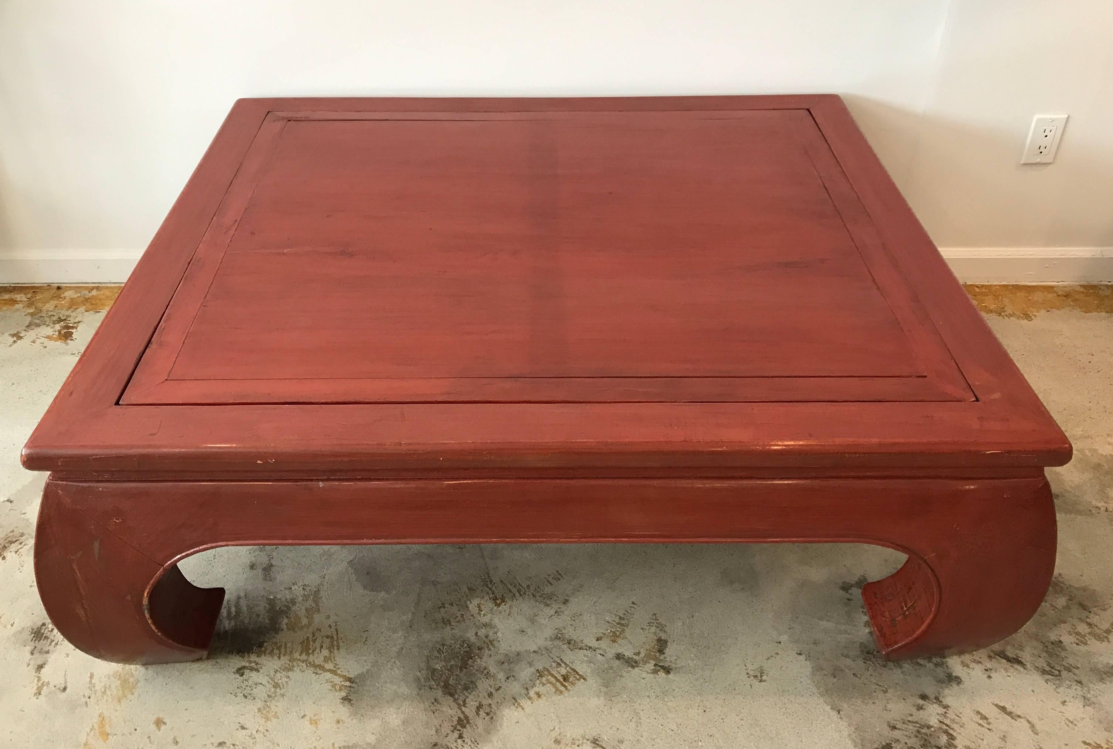 Painted Massive Coral Red Chinese Chow Leg Coffee Table with Reversible Cane Top