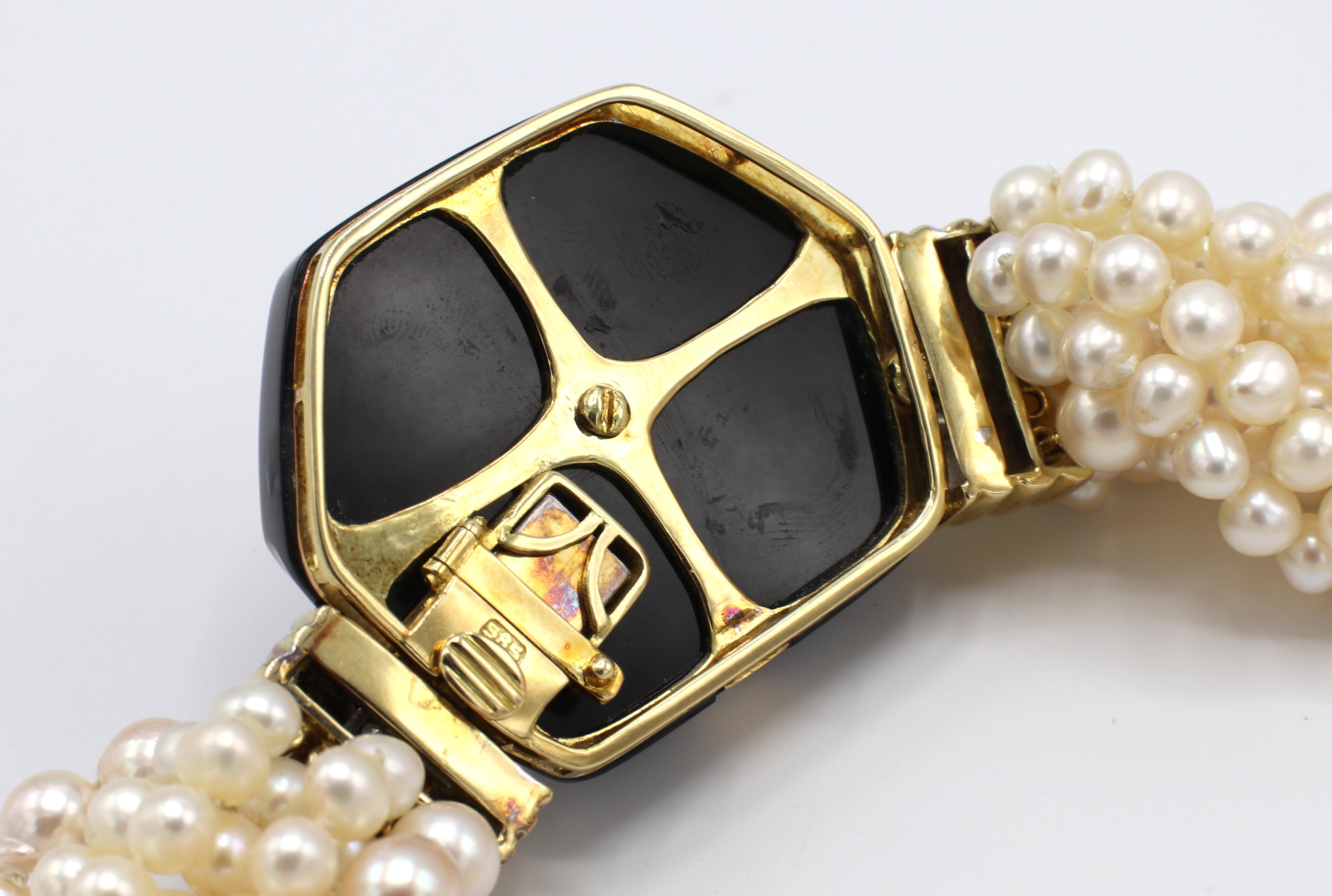 Contemporary Massive Cultured Pearl, Diamond & Onyx Multi-Strand Pearl Yellow Gold Necklace