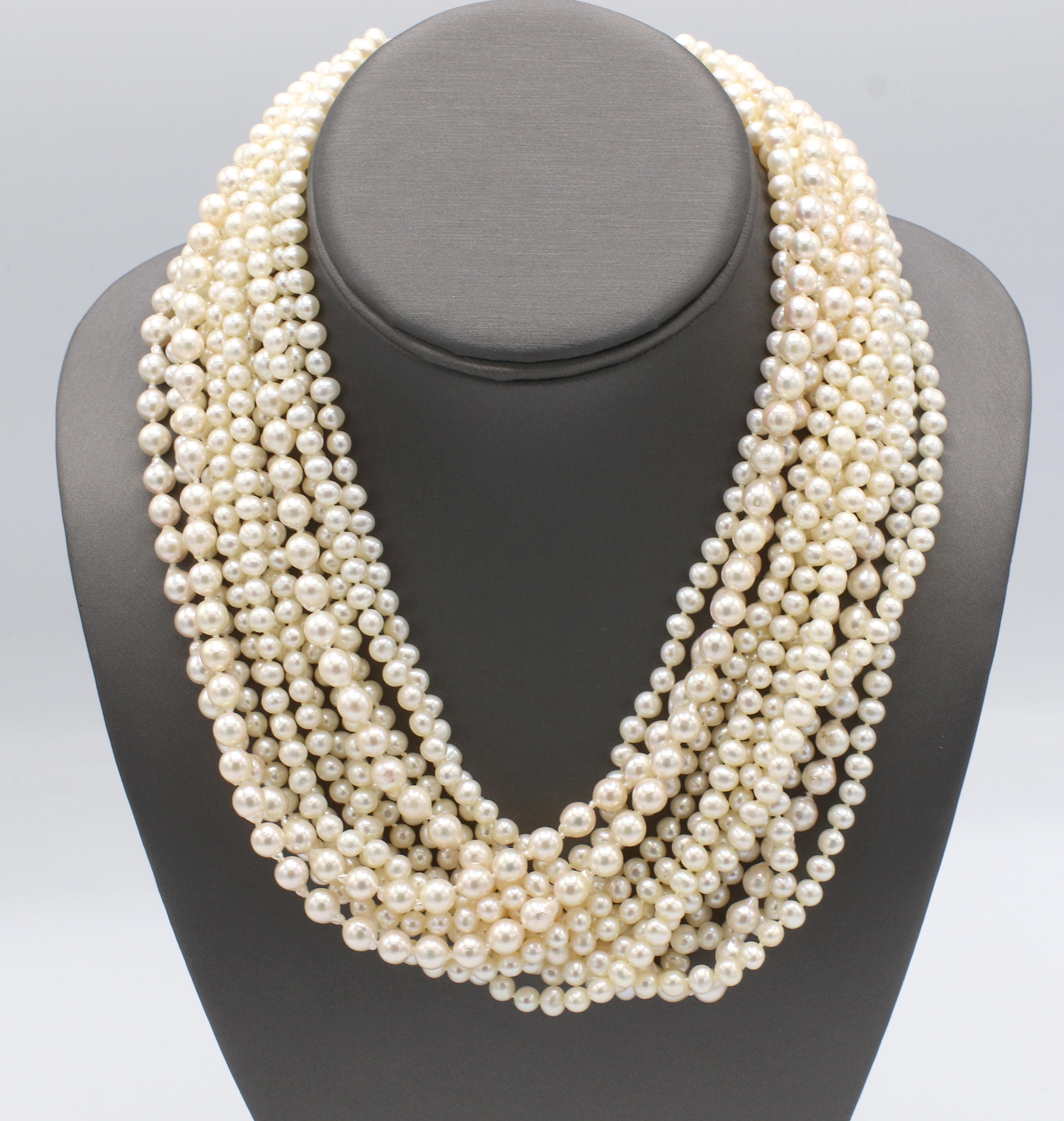 Round Cut Massive Cultured Pearl, Diamond & Onyx Multi-Strand Pearl Yellow Gold Necklace