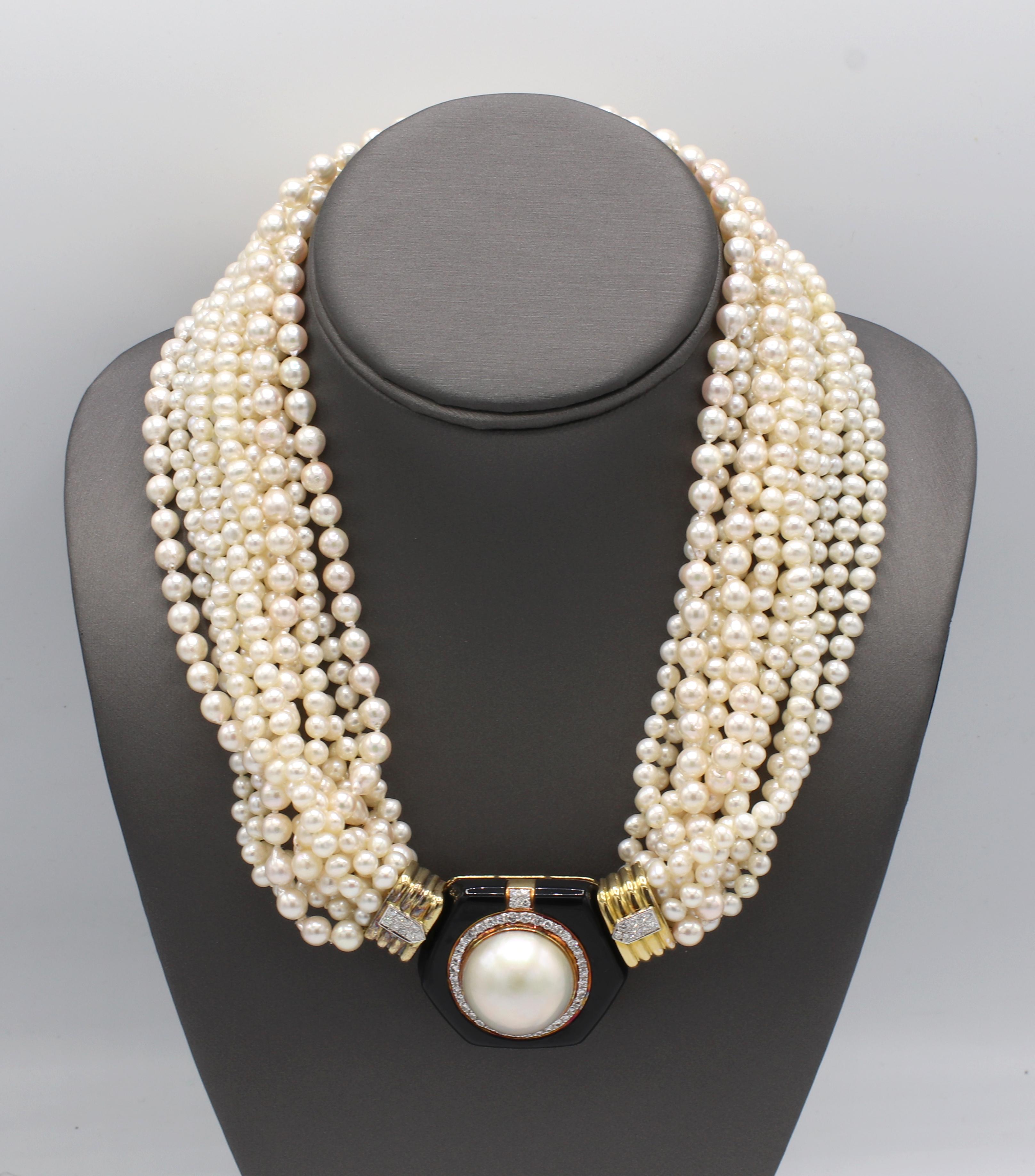 Massive Cultured Pearl, Diamond & Onyx Multi-Strand Pearl Yellow Gold Necklace In Excellent Condition In  Baltimore, MD