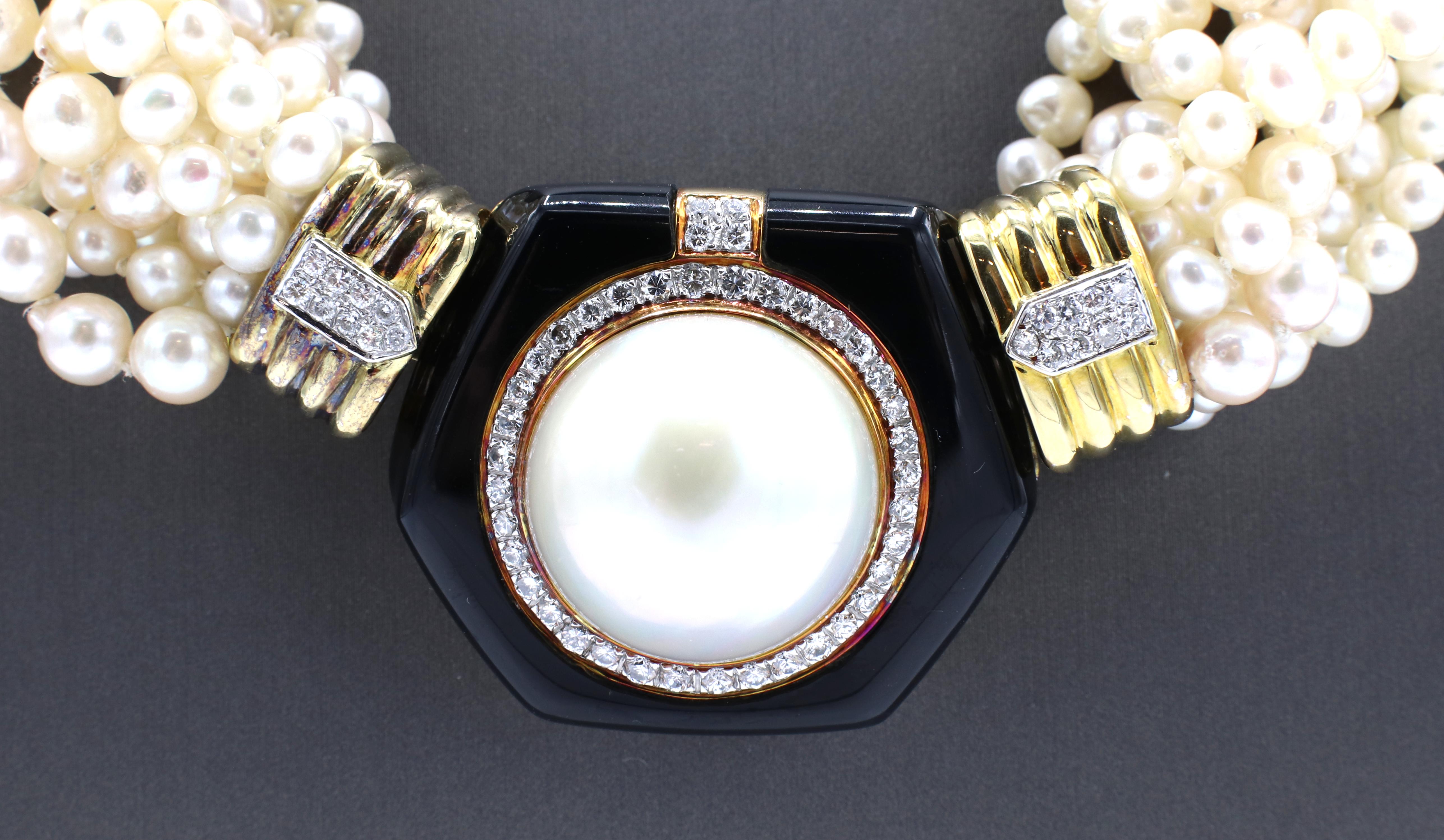Women's Massive Cultured Pearl, Diamond & Onyx Multi-Strand Pearl Yellow Gold Necklace