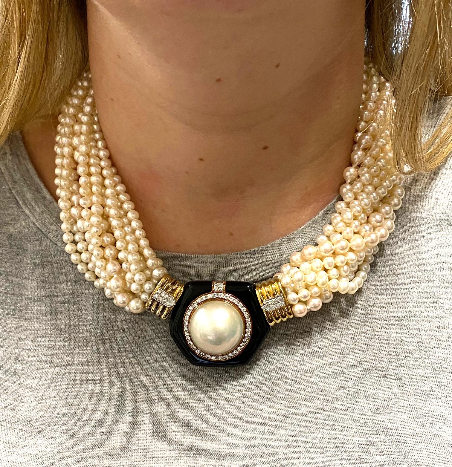 Massive Cultured Pearl, Diamond & Onyx Multi-Strand Pearl Yellow Gold Necklace 2