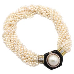 Massive Cultured Pearl, Diamond & Onyx Multi-Strand Pearl Yellow Gold Necklace