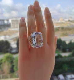 Massive cushion aquarimarine, diamonds ring in 18 k gold