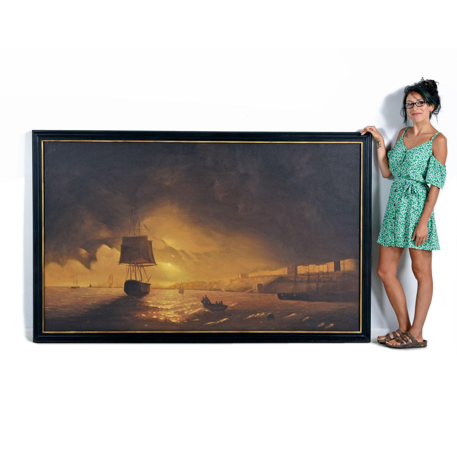 This phenomenal maritime painting spans nearly seven feet in length! Easily one of the largest paintings we’ve had the pleasure to present. The large format painting captivates the viewer as it’s sheer size and foreboding aura envelope the viewer.