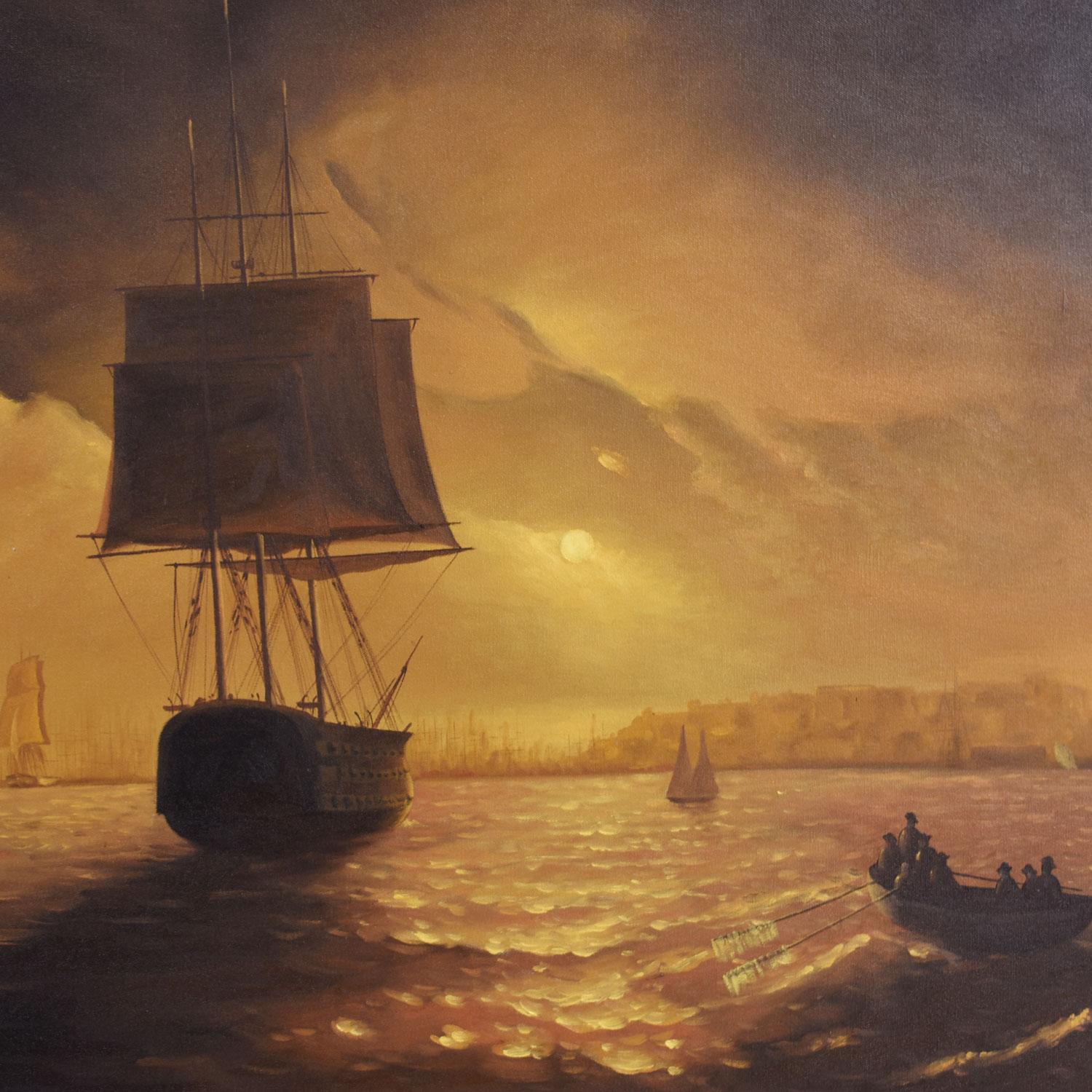 Spanish Colonial Massive Dark Sunset Spanish Harbor Galleon Nautical Oil Painting Framed