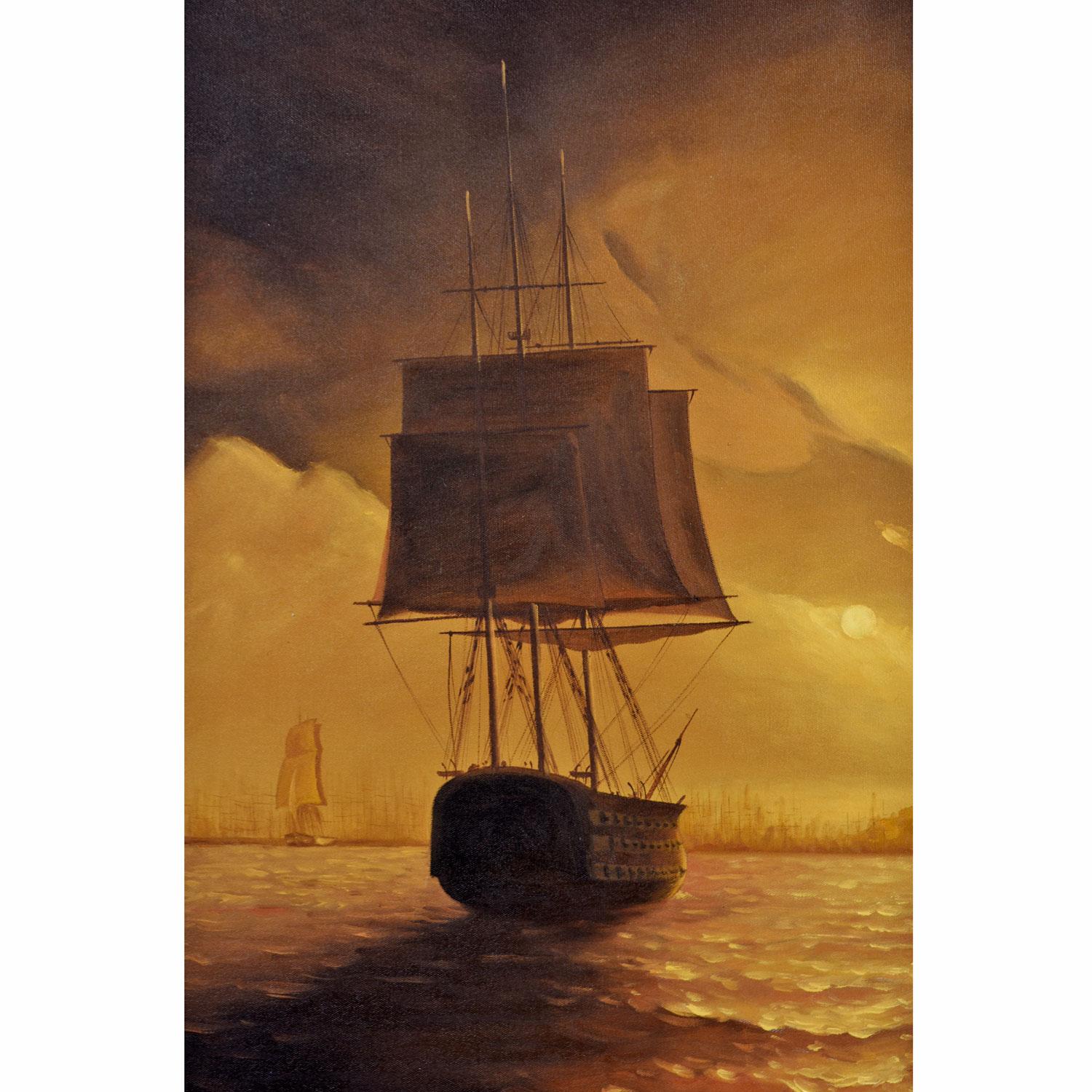 Oiled Massive Dark Sunset Spanish Harbor Galleon Nautical Oil Painting Framed