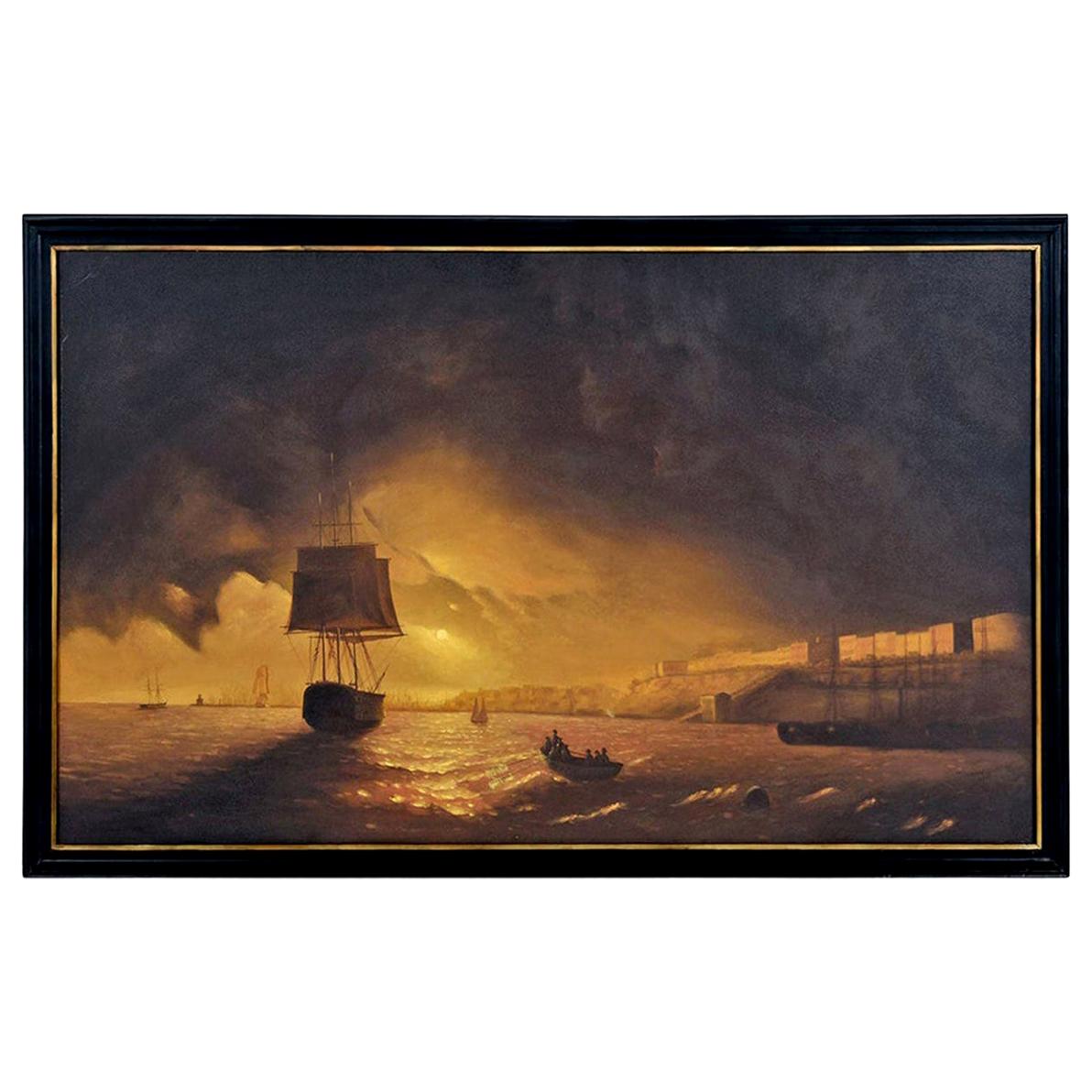 Massive Dark Sunset Spanish Harbor Galleon Nautical Oil Painting Framed
