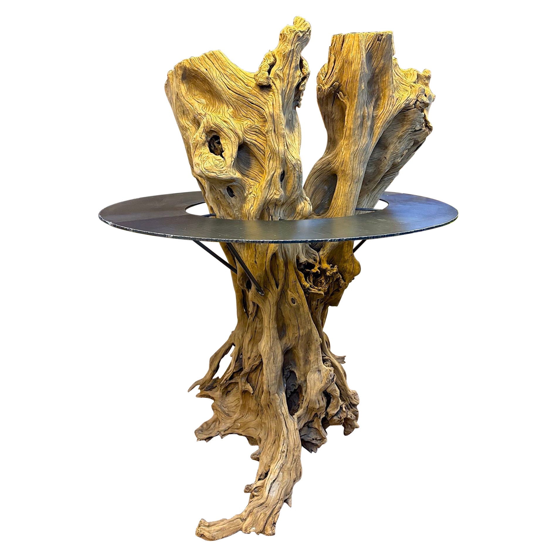 Massive Driftwood Dry Bar/Stand-Up Bar With Steel Bar Counter, Organic Modern
