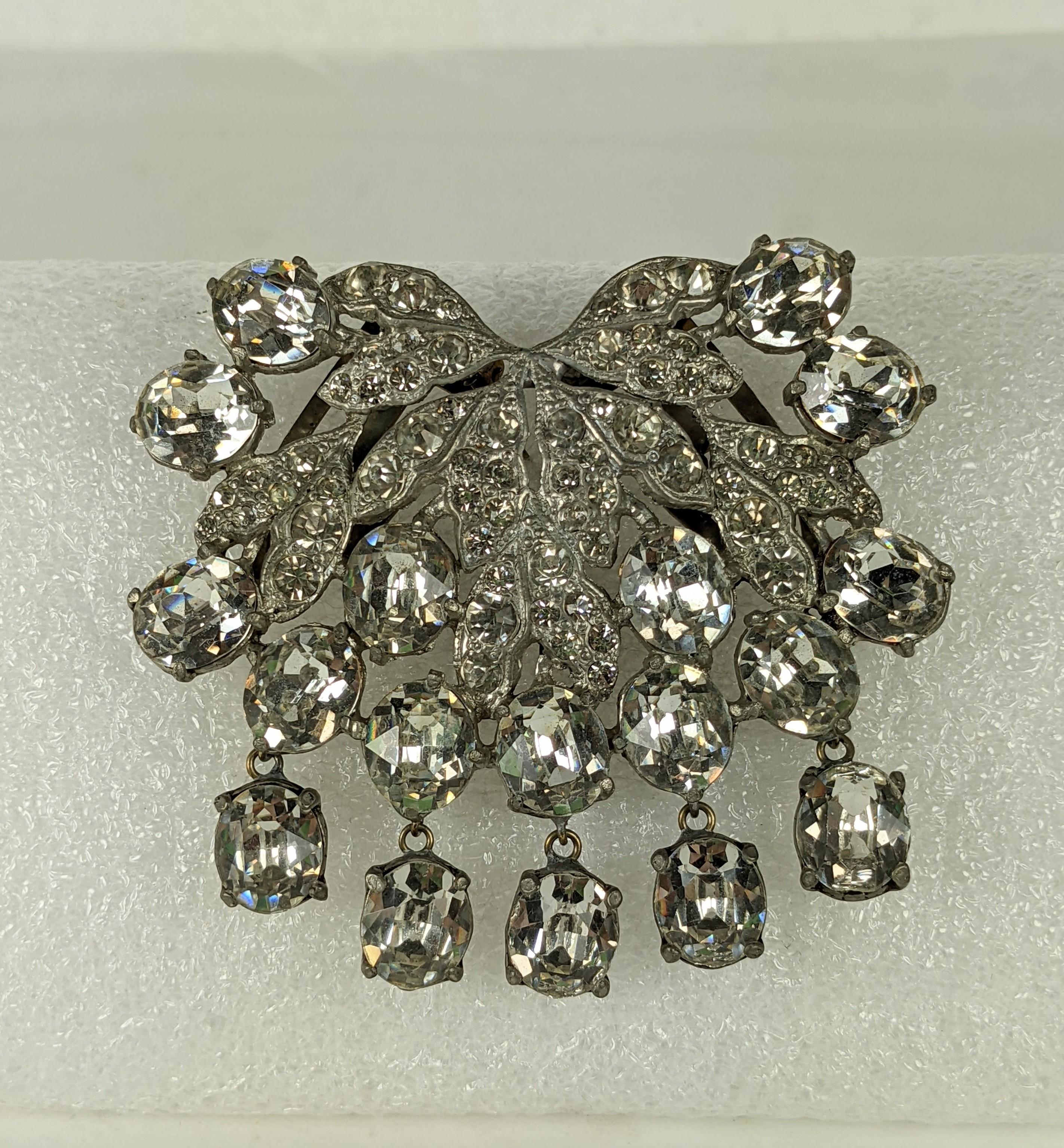 Dramatic Eisenberg Grape Cluster Clip with dangling crystals from the 1930's with signature brilliant crystals and drops designed to sit in a 