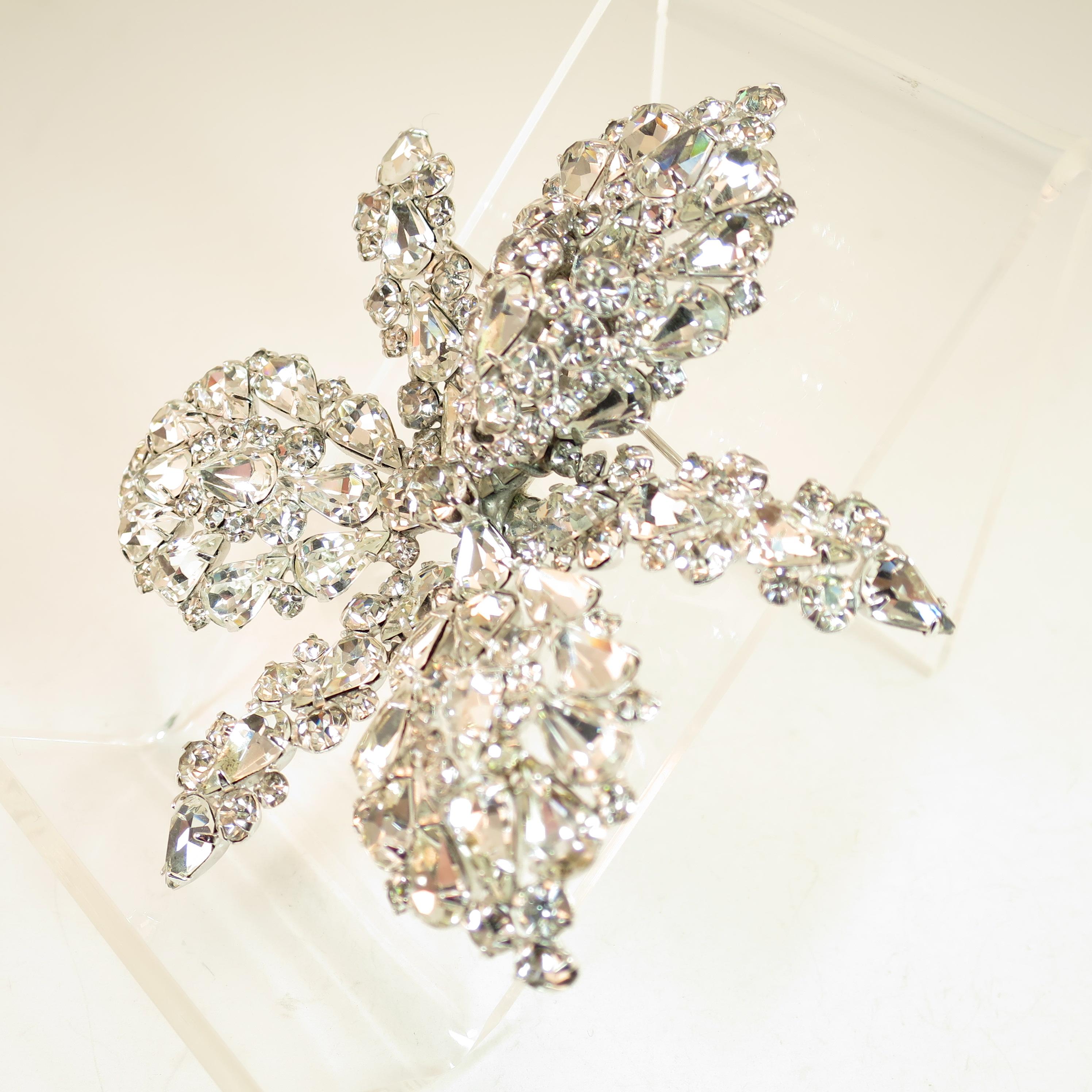 Massive Elsa Schiaparelli Crystal & Rhodium Orchid Brooch & Earrings, 1950s For Sale 4