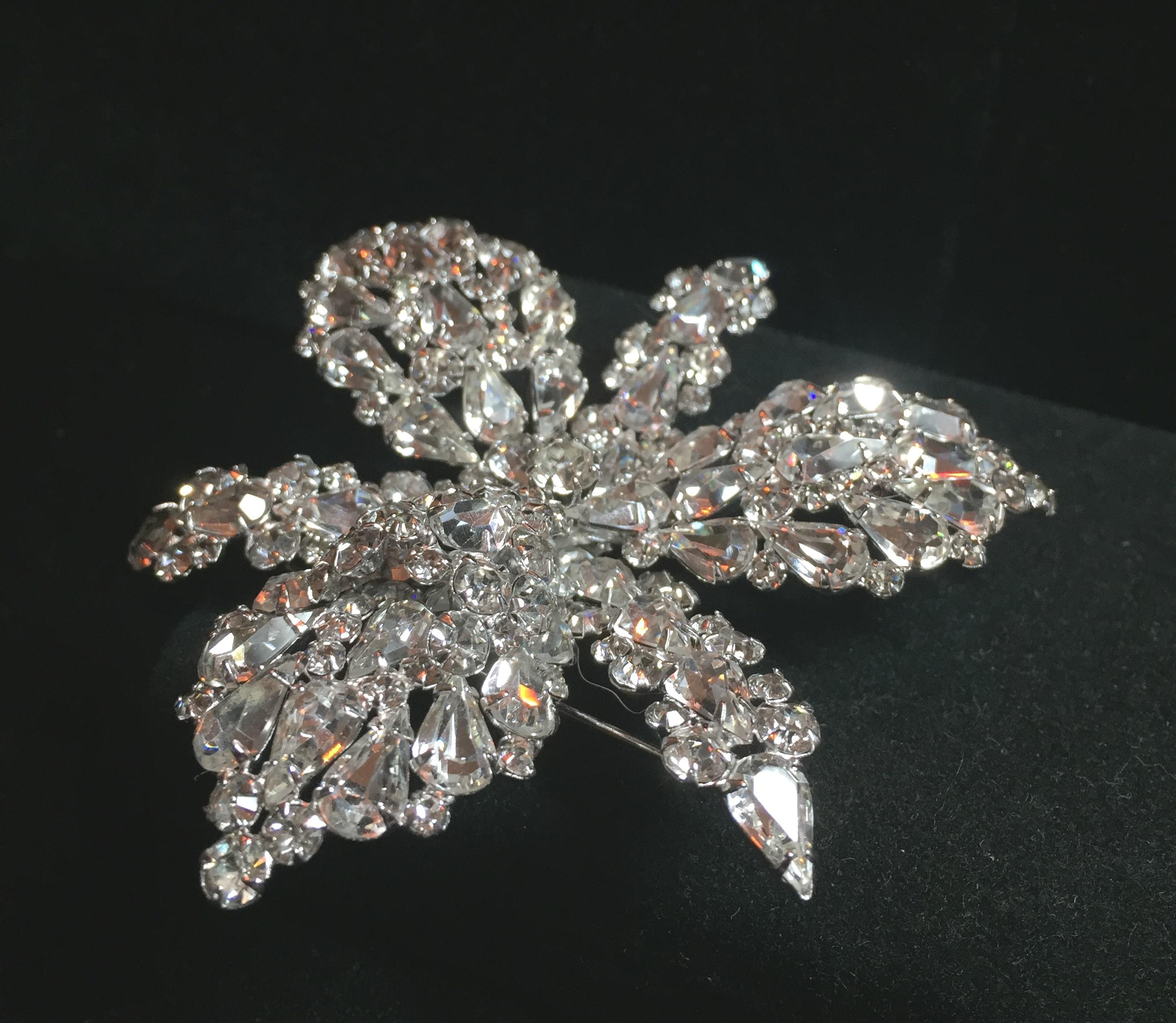 Pear Cut Massive Elsa Schiaparelli Crystal & Rhodium Orchid Brooch & Earrings, 1950s For Sale