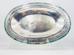 Massive Emilia Castillo Silver Plate & Malachite Taxco Serving Bowl, Hand Signed