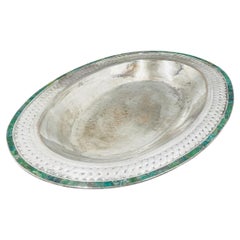 Massive Emilia Castillo Silver Plate & Malachite Taxco Serving Bowl, Hand Signed