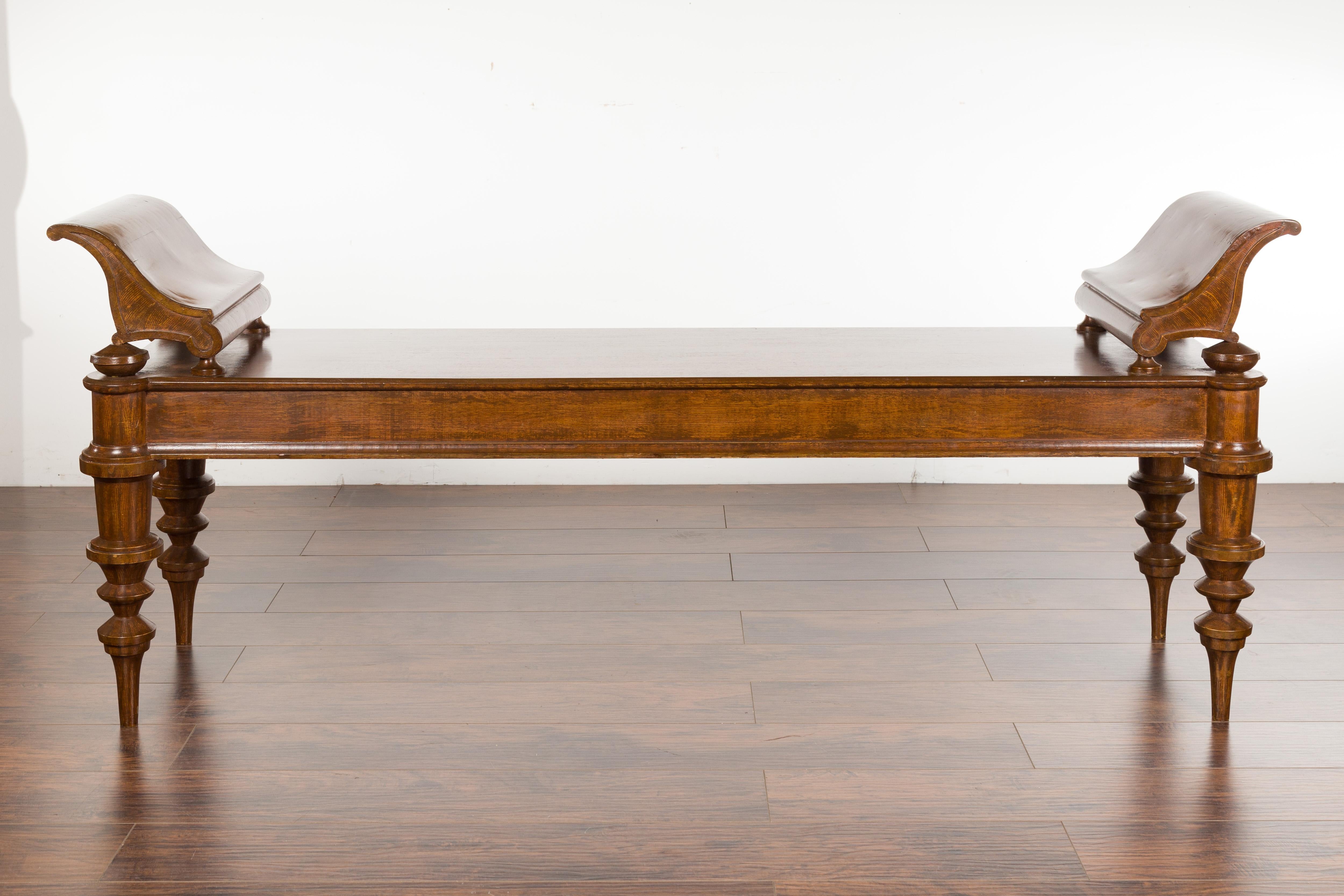 Massive English Mahogany Bench with Curving Arm Supports and Turned Legs 7