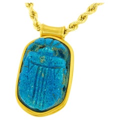 Retro Massive Faience Scarab Pendant in Yellow Gold