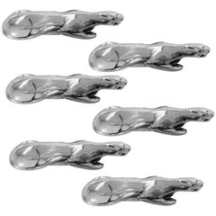 Massive French All Sterling Silver Knife Rests Set Six Pieces, Rare Panther