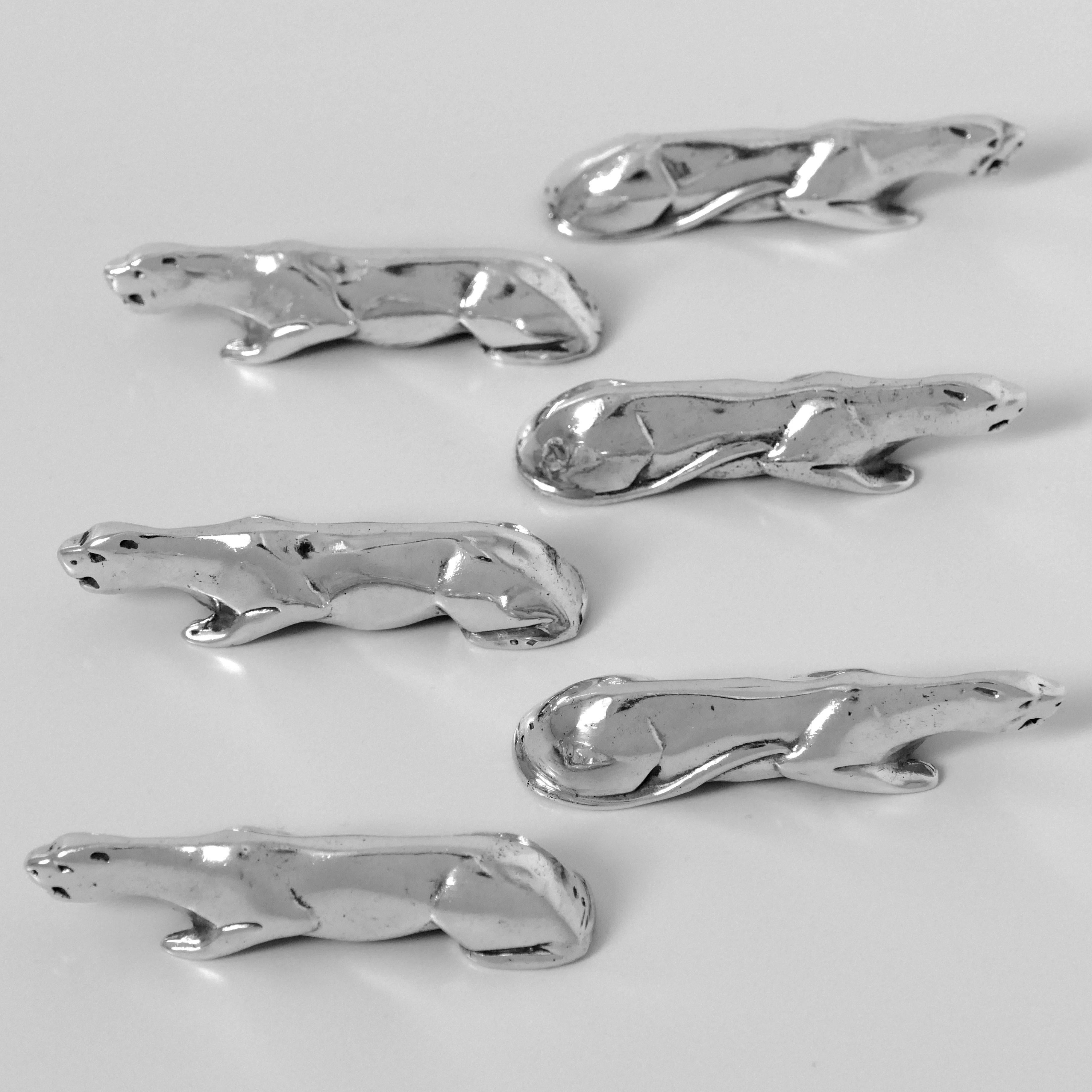 20th Century Massive French All Sterling Silver Knife Rests Set Six Pieces, Rare Panther For Sale
