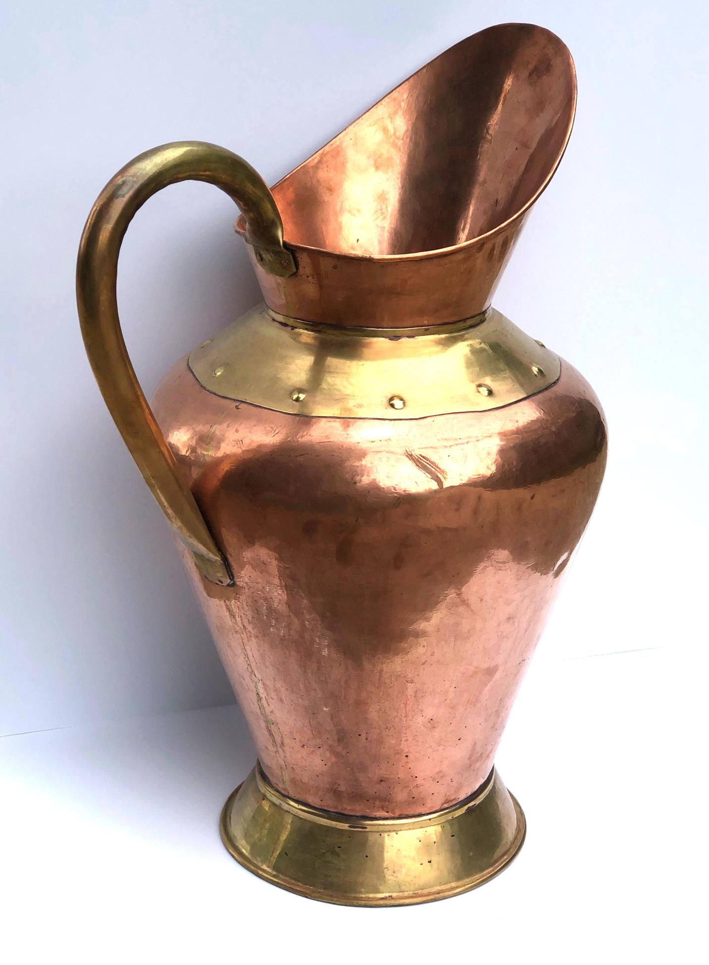 Arts and Crafts Massive French Arts & Crafts Hand-Hammered Copper and Brass Pitcher/Ewer/Flagon