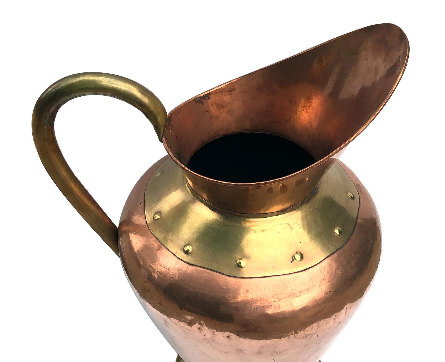Early 20th Century Massive French Arts & Crafts Hand-Hammered Copper and Brass Pitcher/Ewer/Flagon