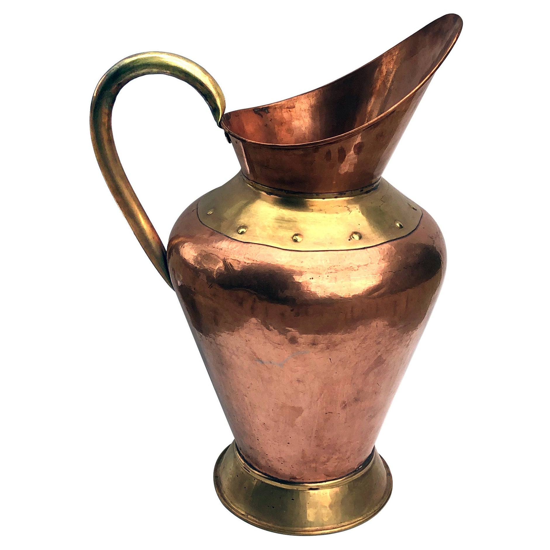 Massive French Arts 
Crafts Hand-Hammered Copper and Brass Pitcher/Ewer/Flagon