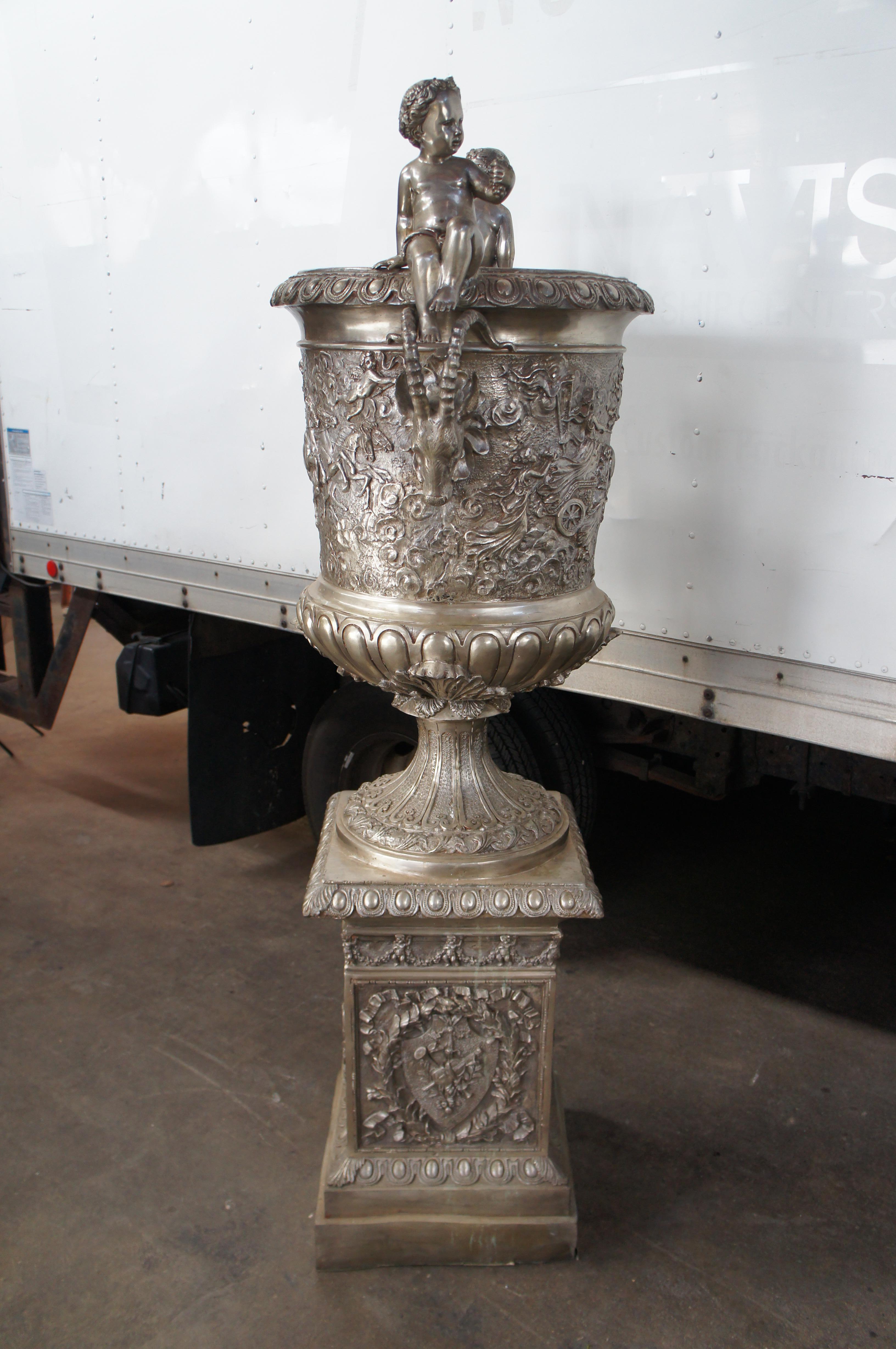 Massive French Classical Figural Stag Bronze Palace Urn Planter Jardinière 76