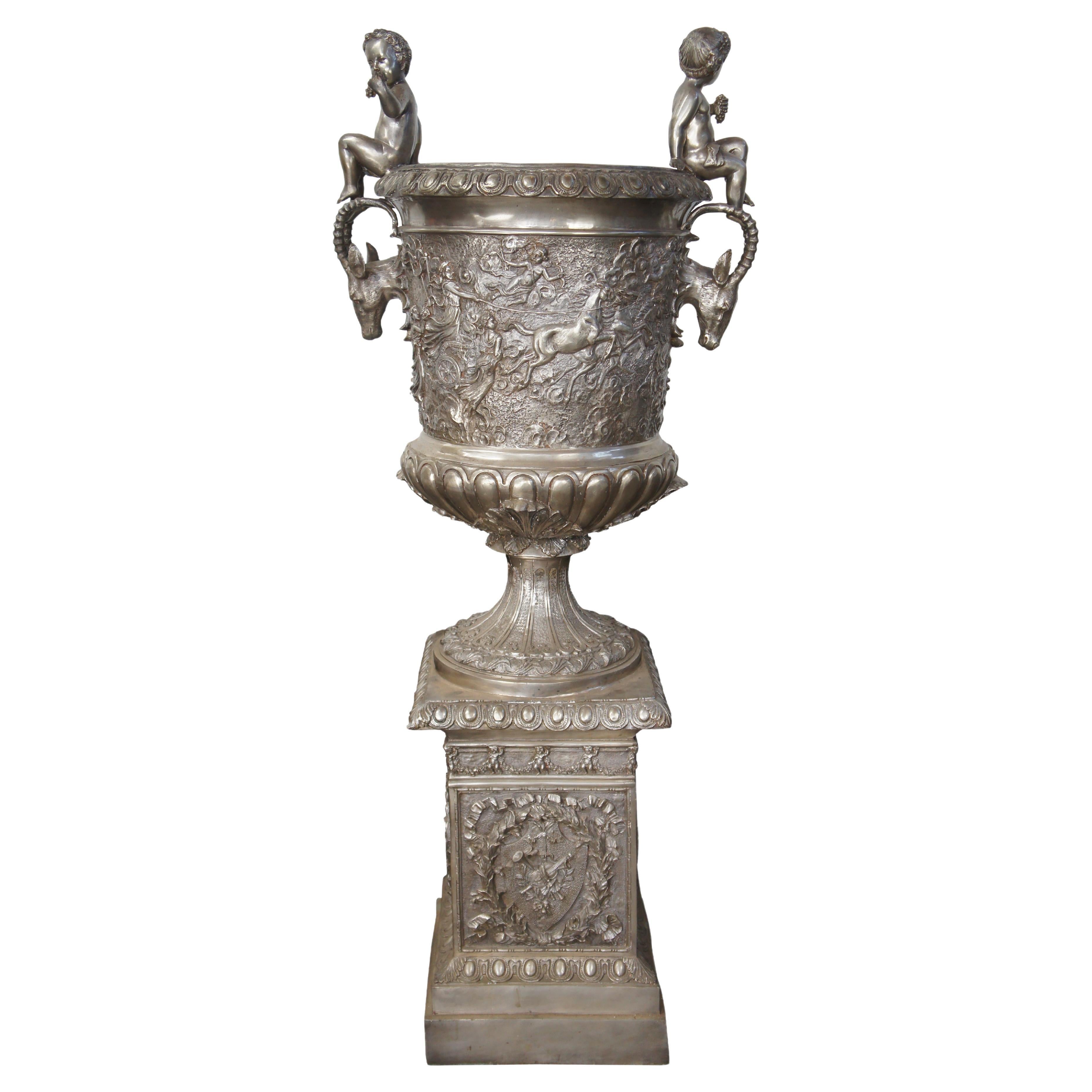 Massive French Classical Figural Stag Bronze Palace Urn Planter Jardinière 76" For Sale