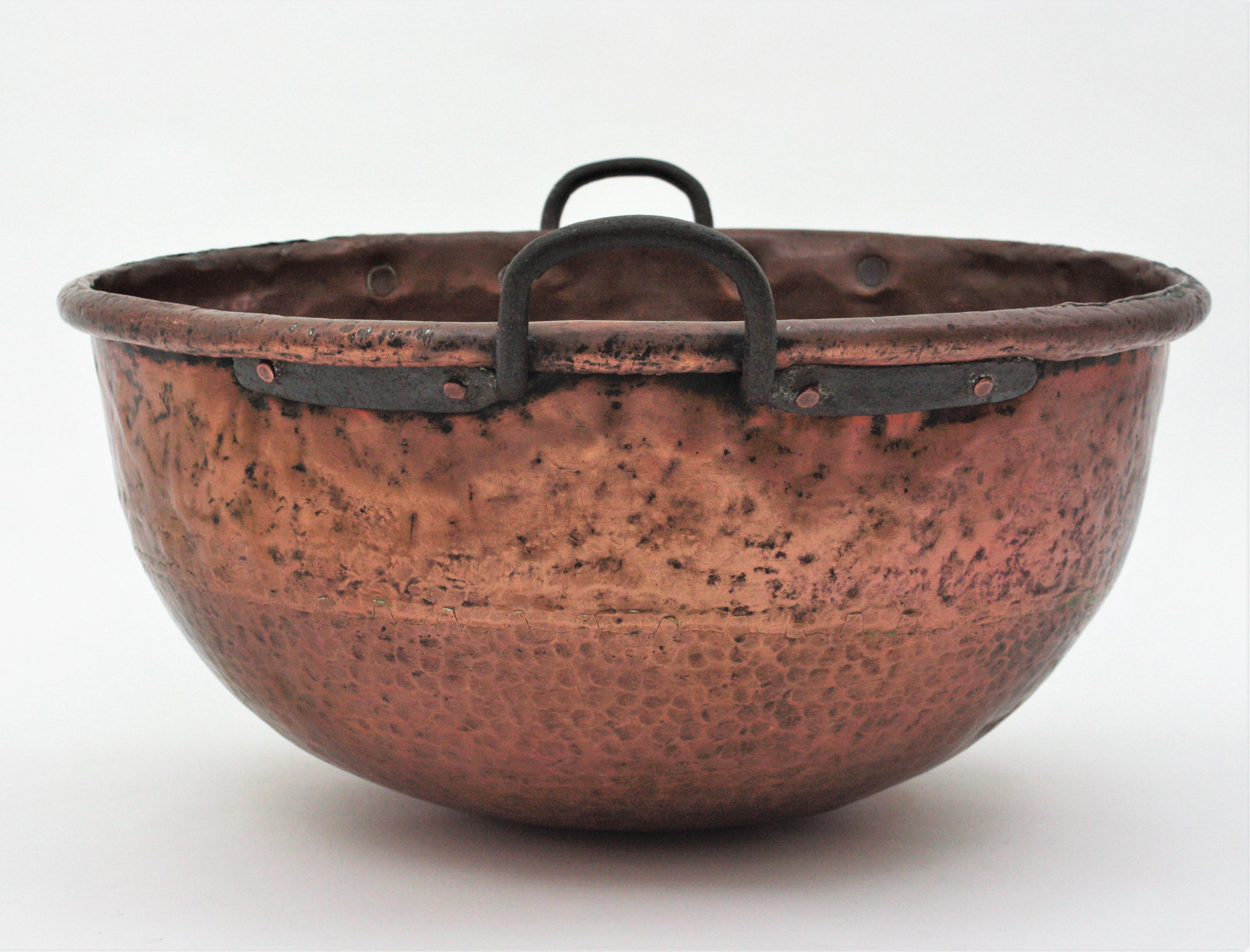 Rustic Massive French Copper Cauldron Pot with Iron Handles