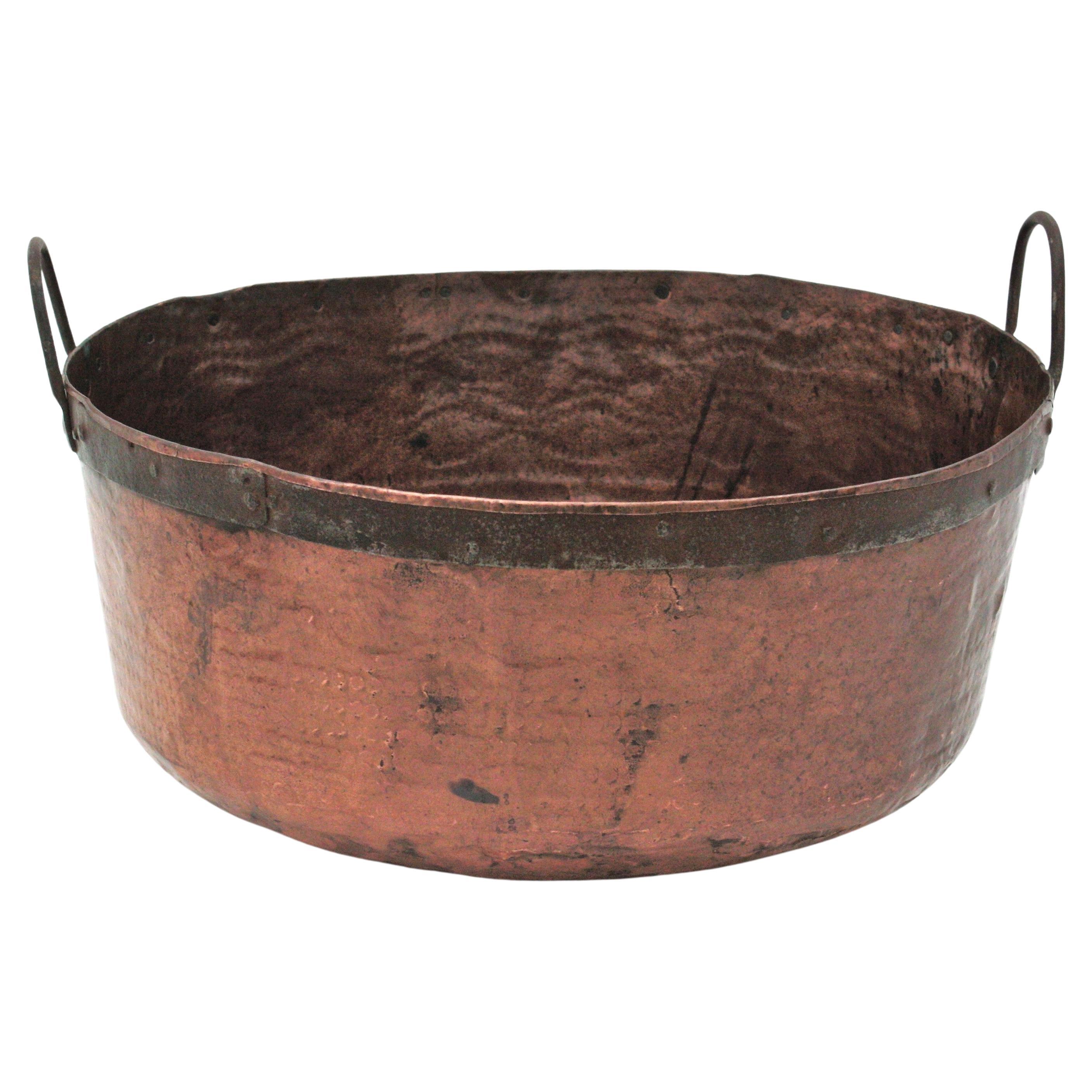 Rustic Massive French Copper Cauldron Pot with Iron Handles For Sale