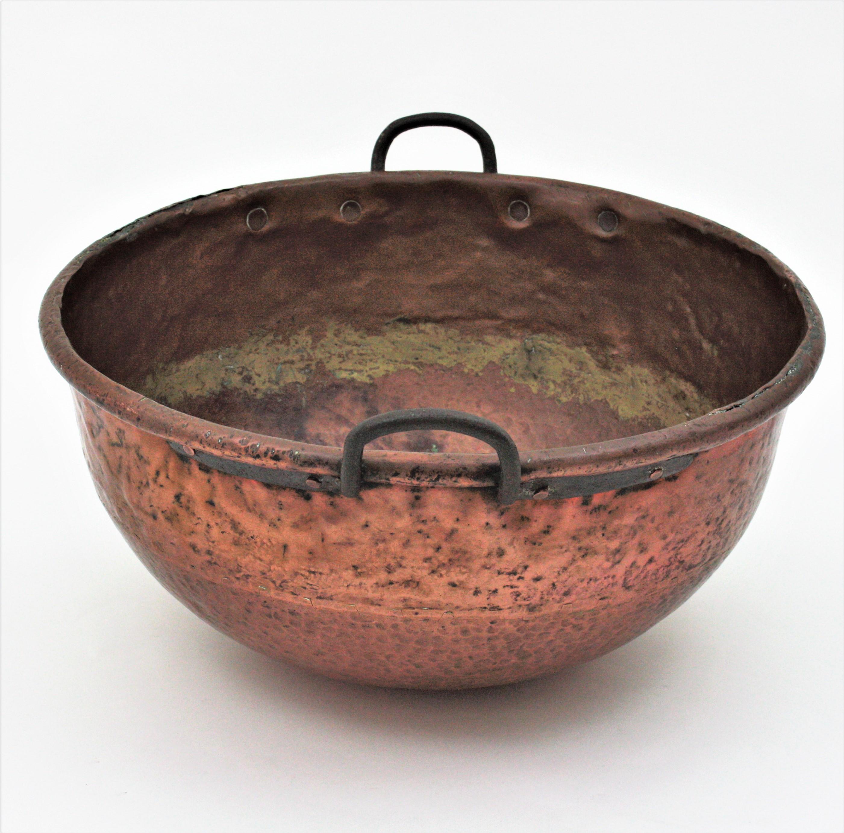 20th Century Massive French Copper Cauldron Pot with Iron Handles