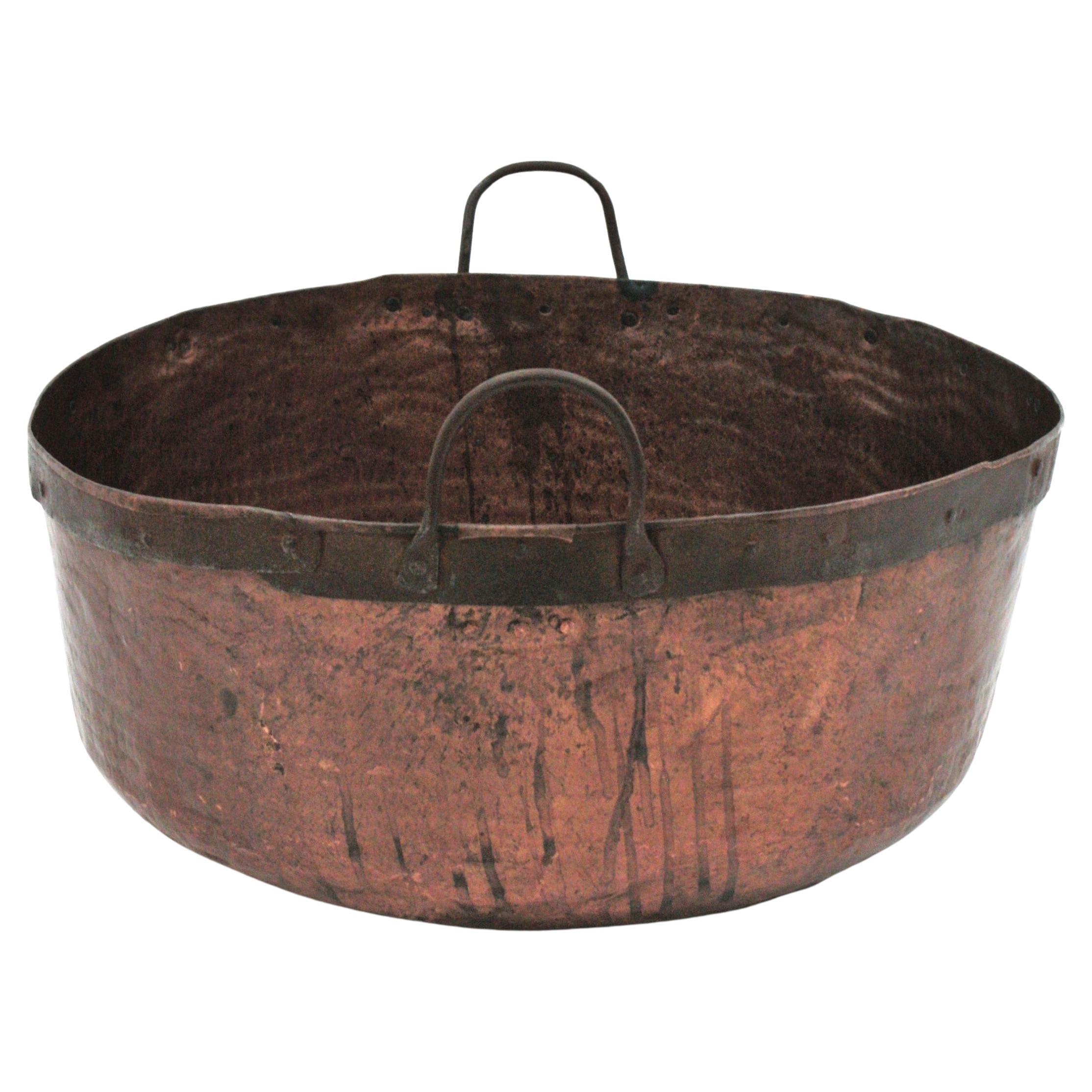 20th Century Massive French Copper Cauldron Pot with Iron Handles For Sale