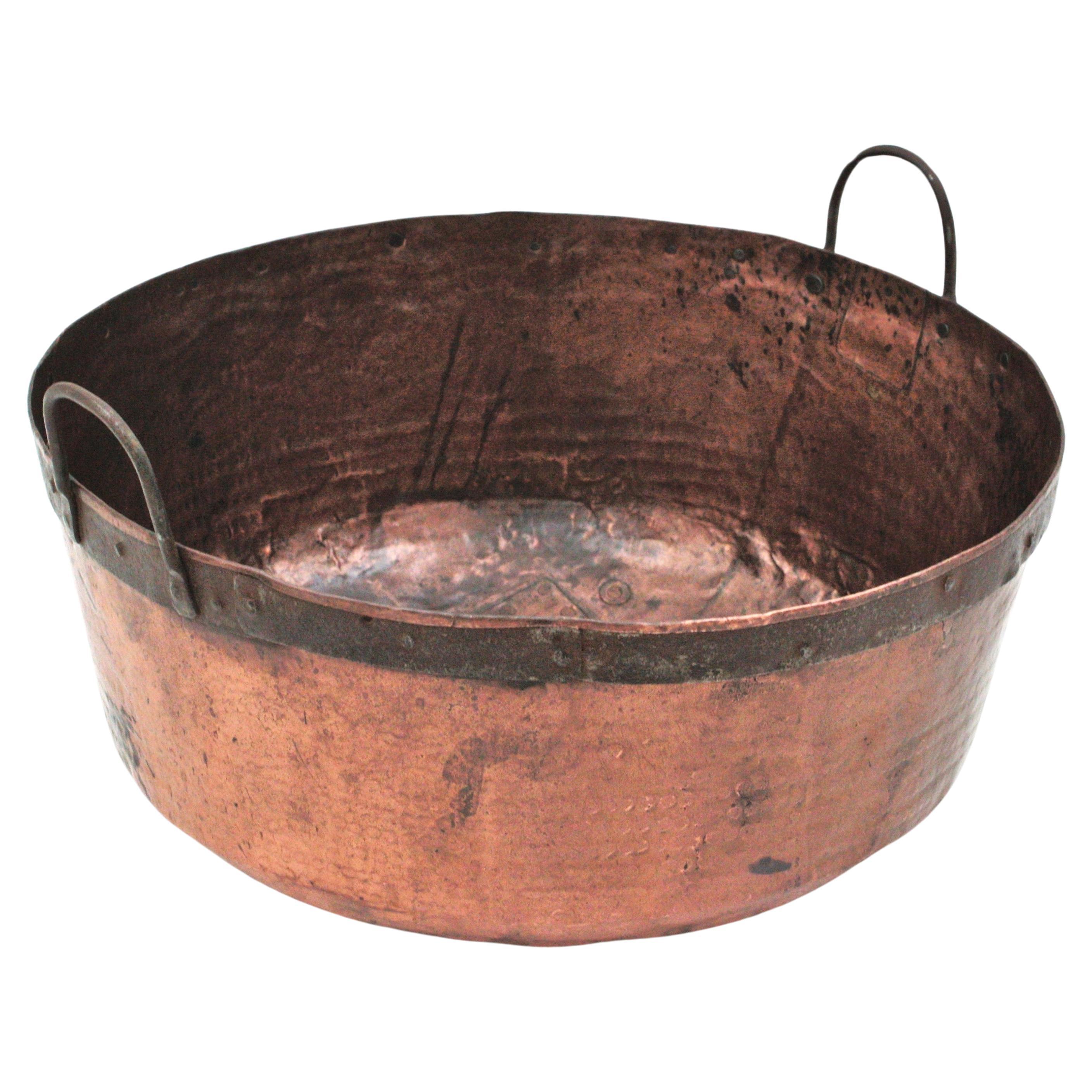 Massive French Copper Cauldron Pot with Iron Handles For Sale